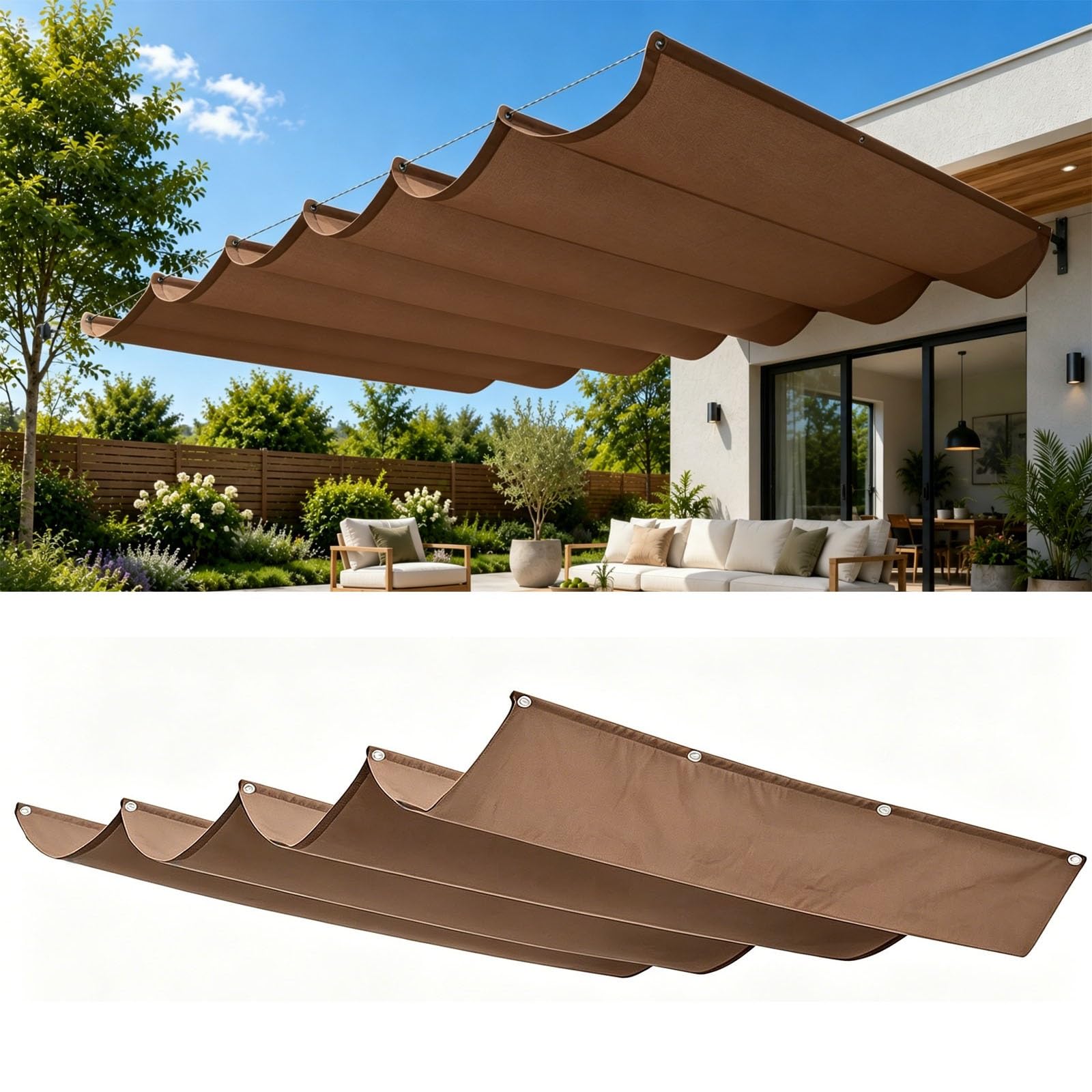 Voile d'ombrage vague rétractable marron pour abriter les repas de famille sur la terrasse
