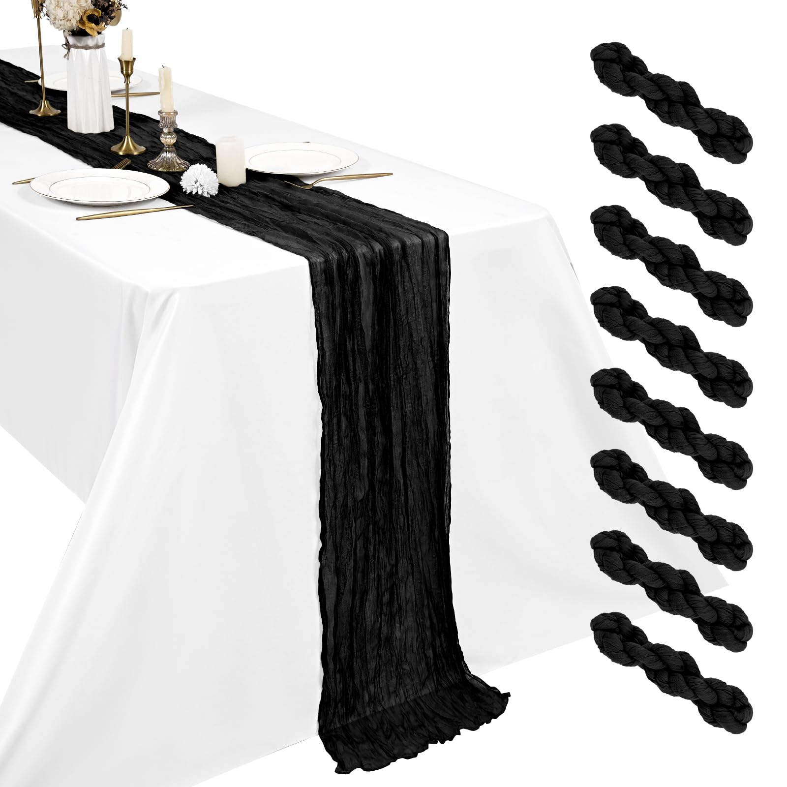 8 Pack Black Cheesecloth Table Runner, 17.7 x 108 inch Boho Gauze Table Runner 45x275 cm Rustic Romantic Long Table Runner for Wedding Party Bridal Shower Christmas Decoration