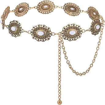 XZQTIVE Women Boho Chain Belts For Dresses Jeans Western Cowgirl Waist Links Belt Adjustable Metal Concho Belt