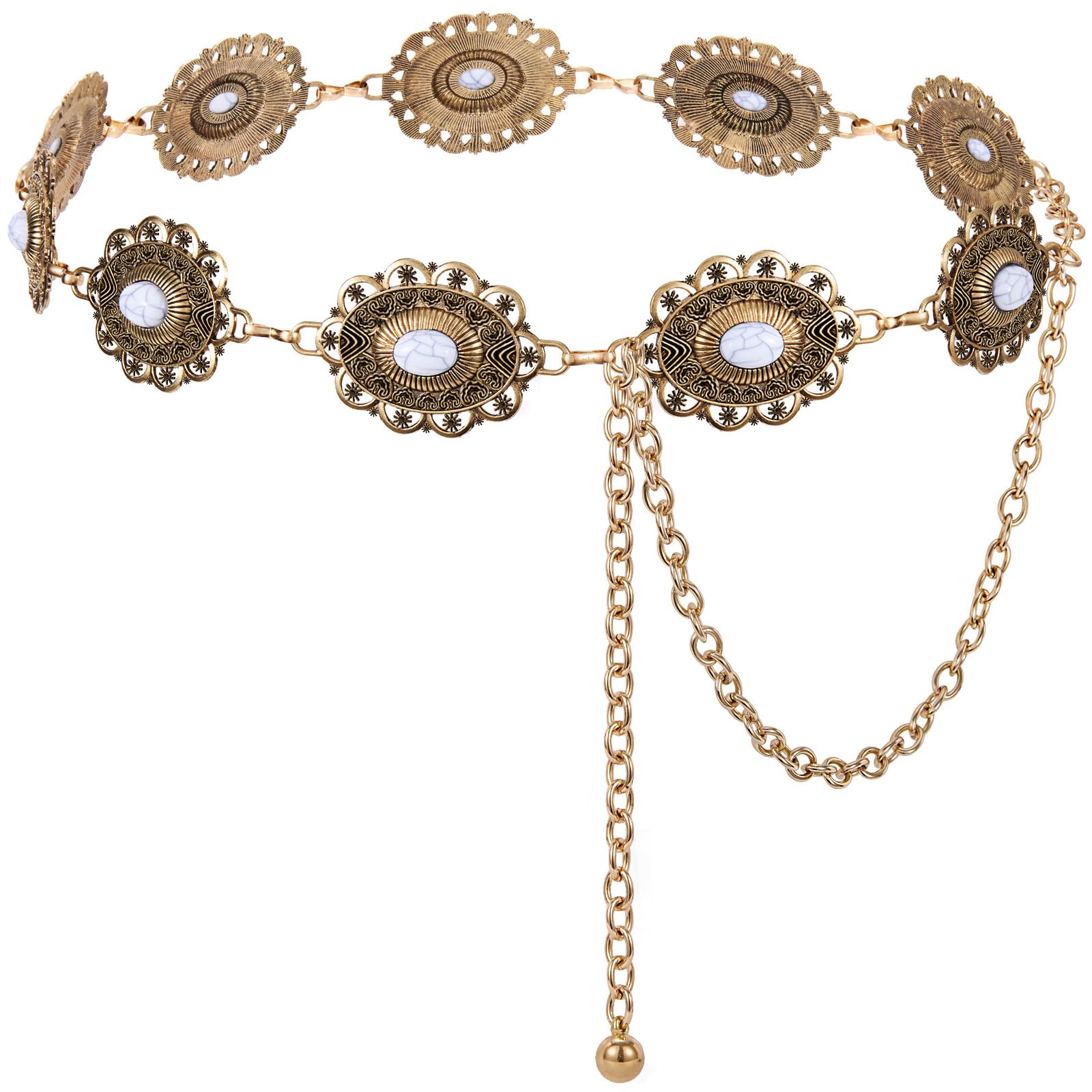 XZQTIVE Women Boho Chain Belts For Dresses Jeans Western Cowgirl Waist Links Belt Adjustable Metal Concho Belt