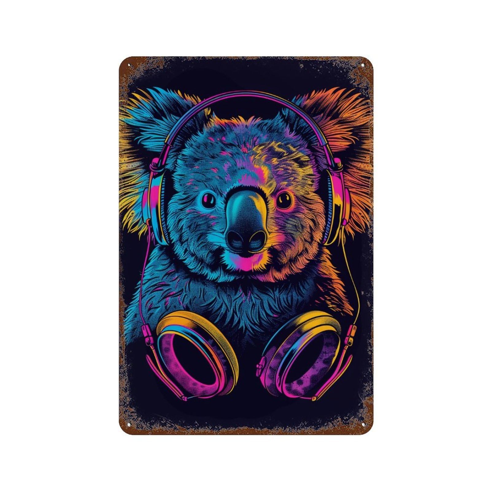 Garage Style Koala Headphones Fun Art Print Distressed Metal Wall Sign 11.8"x7.9", Farmhouse Wall Decor for Bar And Workshop