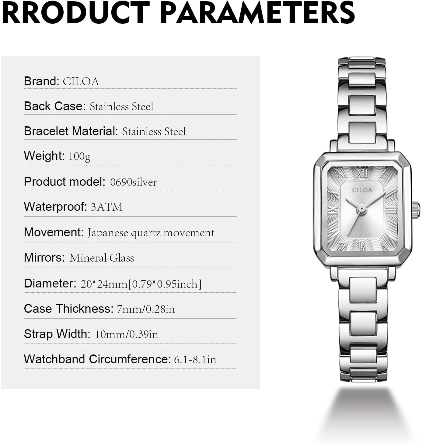 CILOA Watches for Women Small Vintage Rectangular Case Roman Numeral Dial Stainless Steel Bracelet Water Resistant Adjustable - Image 4