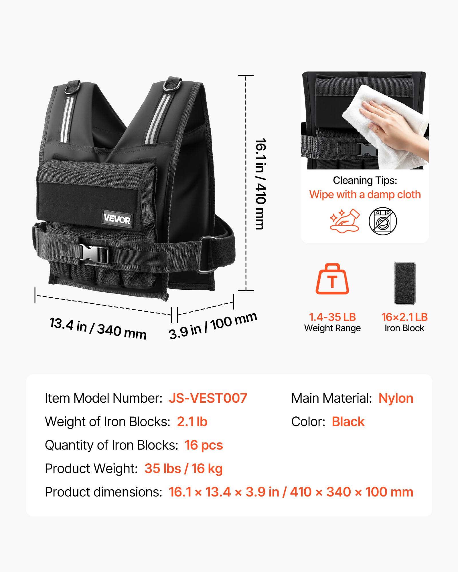 VEVOR Chaleco Lastrado Ajustable 0,63-16 kg, Chaleco Ponderado con 16 Bloques de Hierro Extraíbles de 0,95 kg, Tira Reflectante, para Entrenamiento de Fuerza, Correr, Fitness, Desarrollo Muscular