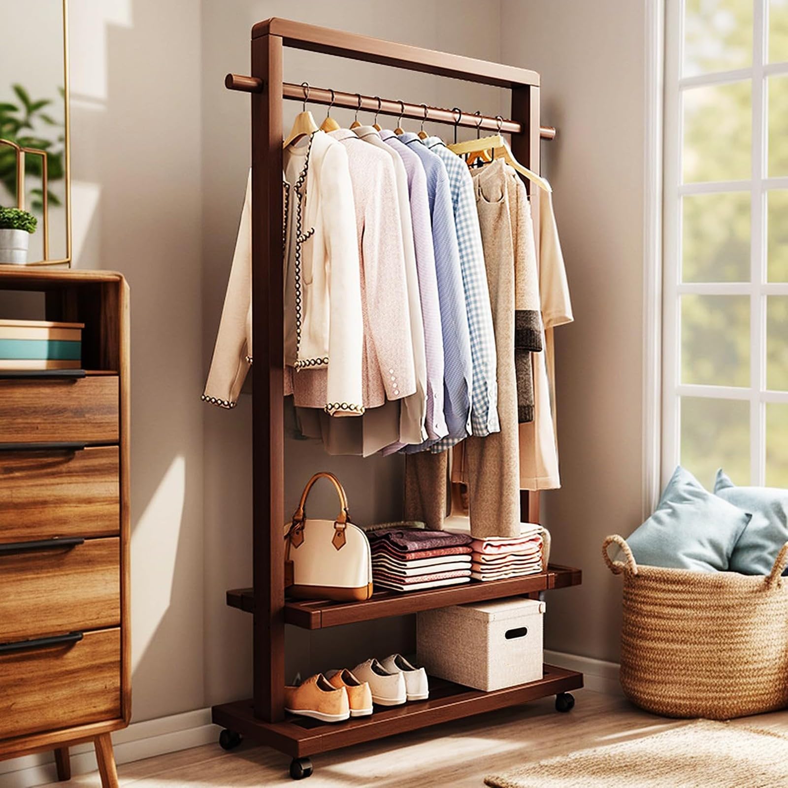 Perchero de madera maciza, perchero de bambú, perchero portátil con estante de almacenamiento y ruedas para colgar ropa, zapatos y ropa, adecuado para entrada, dormitorio, sala de estar Walnut,105
