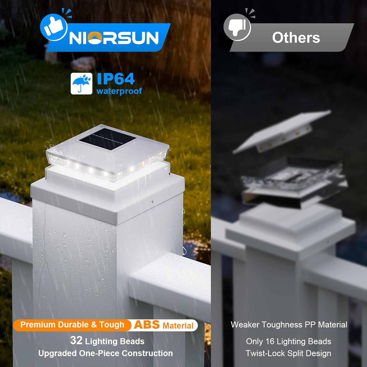 NIORSUN Solar Post Cap Lights Outdoor Waterproof, 2 Lighting Modes 4x4 Post Solar Lights, Fence Posts Solars Light for Deck Patio Garden Decoration, 4x4 Posts Caps Wood Vinyl, 12 Pack (White)