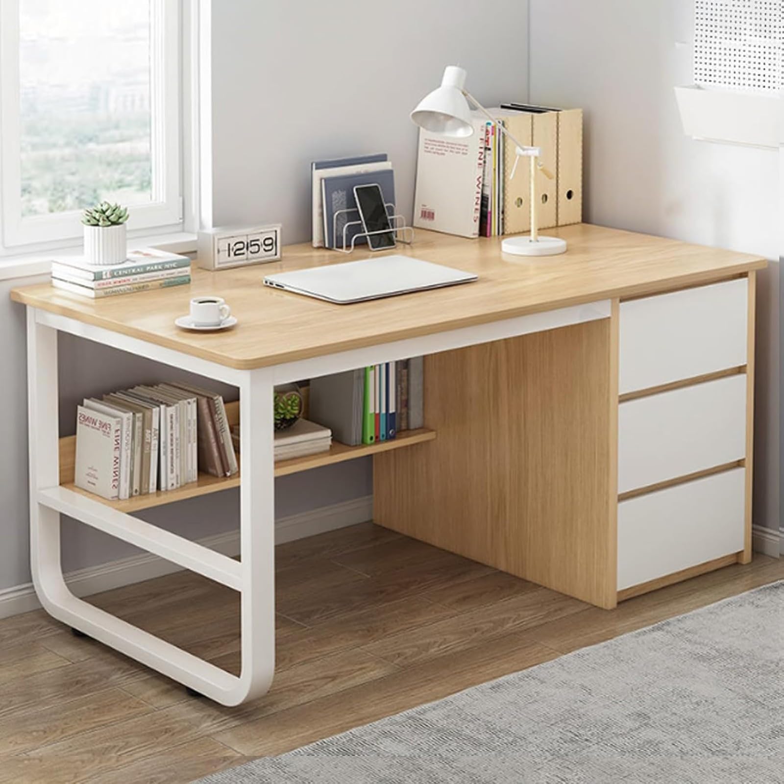Scrivania per Computer in Stile Moderno E Semplice, con 3 Cassetti, Tavolo da Scrittura Multifunzionale per Ufficio Domestico A,100CM