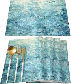 Washable Kitchen Placemats Set of 4, Turquoise Teal Table Mats for Dining Table Party Decorations, Chic Abstract Aesthetic Art Modern Non-Slip Heat-Insulation Place Mat Sets