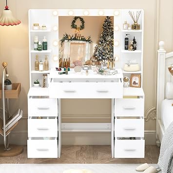 43.3 Inch Large Dressing Table, Makeup Vanity Desk with Lighted Mirror Adjustable Brightness, 8 Large Drawers and Open Storage Shelves, 3 Adjustable Lighting Modes for Women, White