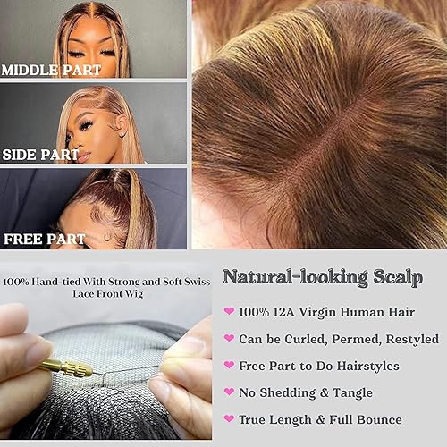 Miniatura 2 de ALHER Pelucas de cabello humano de gorra pequeña, color marrón rojizo, pelucas de cabello humano lacio de 13 x 4 pulgadas, pelucas de encaje frontal