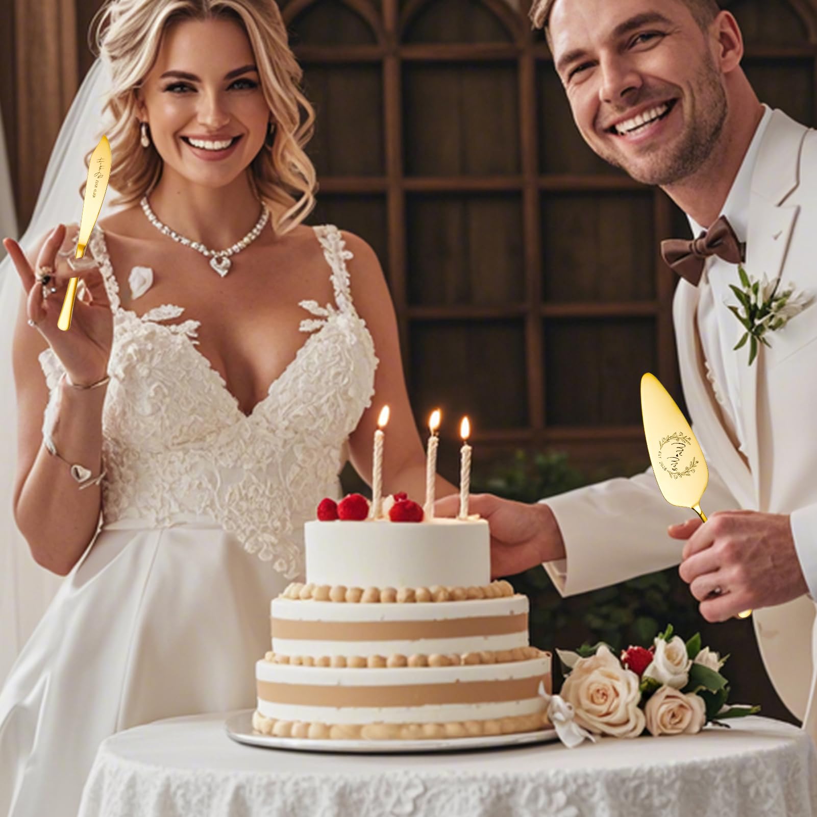 Gold Wedding Cake Knife & Server Set - 4 Piece -6