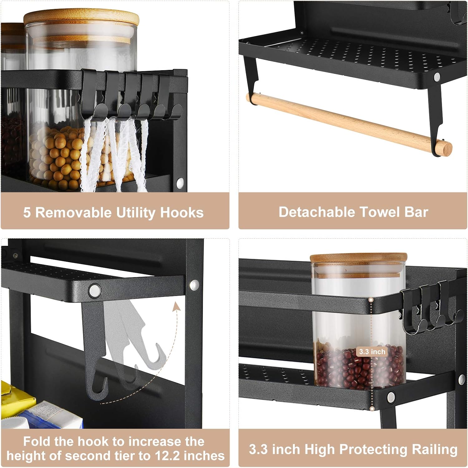 X-Chef Magnetic Spice Rack for Refrigerator, Magnetic Shelf Fridge Organizer, 4 Tier Magnet Kitchen Rack with 5 Removable Hooks and 2 Paper Towel Holders, Black