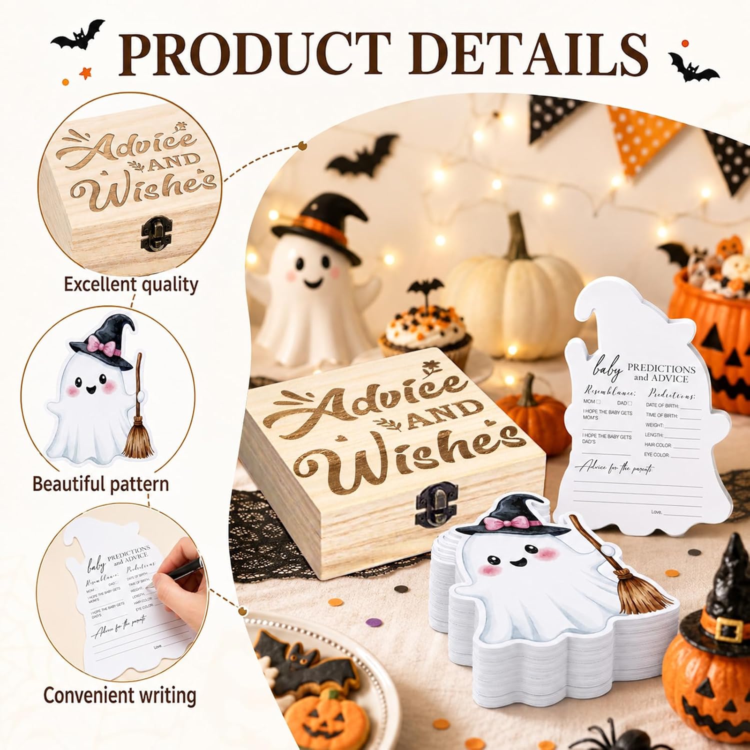 AnyDesign 50 Pcs Halloween Baby Prediction Advice Cards, Cute Ghost Boo image 3
