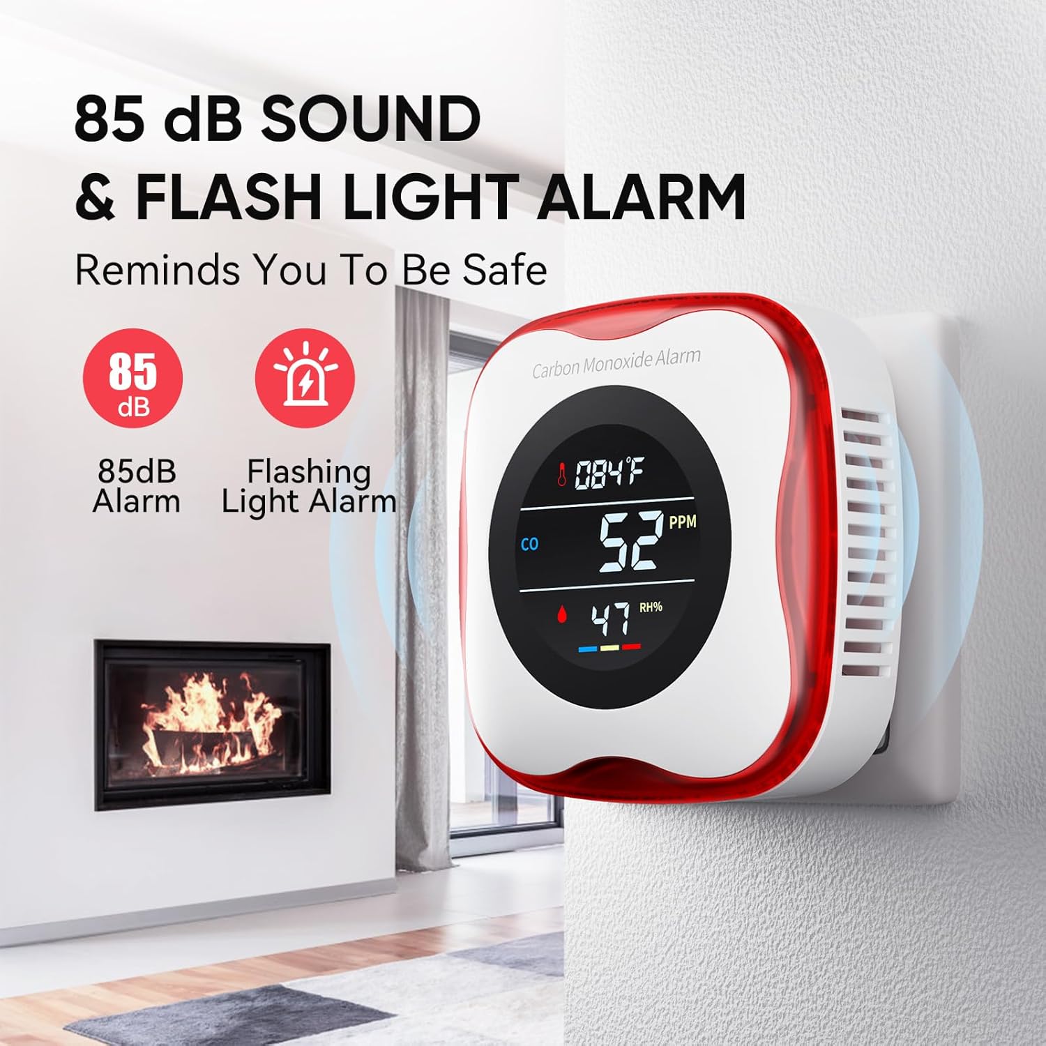 YOJOCK KH105 Carbon Monoxide Detector with an 85dB sound and flashing light alarm activated.