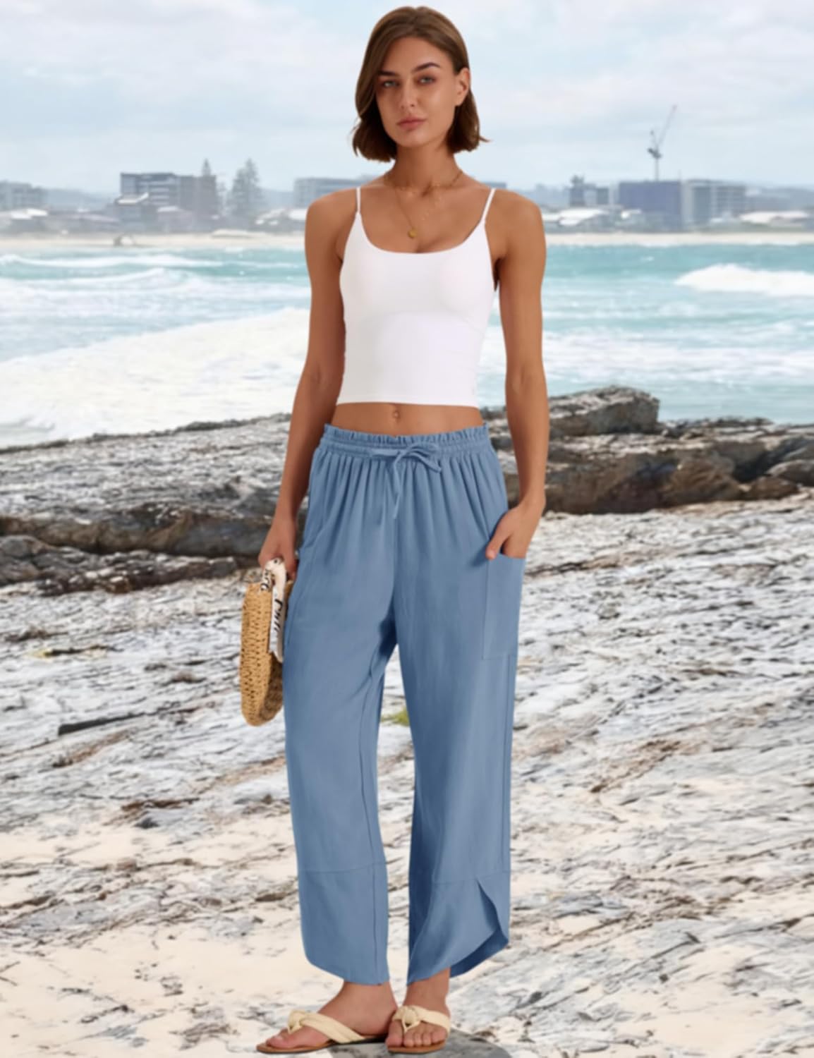 LOMON Women Linen Palazzo Pants Boho Wide Leg Elastic Waisted Casual Capri Pant Summer Harem Lounge with Pockets - Image 2