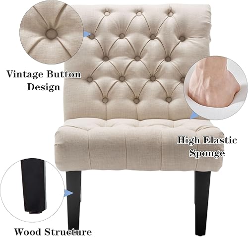 Miniatura 6 de Alunaune Sillas de dormitorio sin brazos, silla tapizada con respaldo de tela, sillas reclinables para sala de estar, patas de madera, marfil