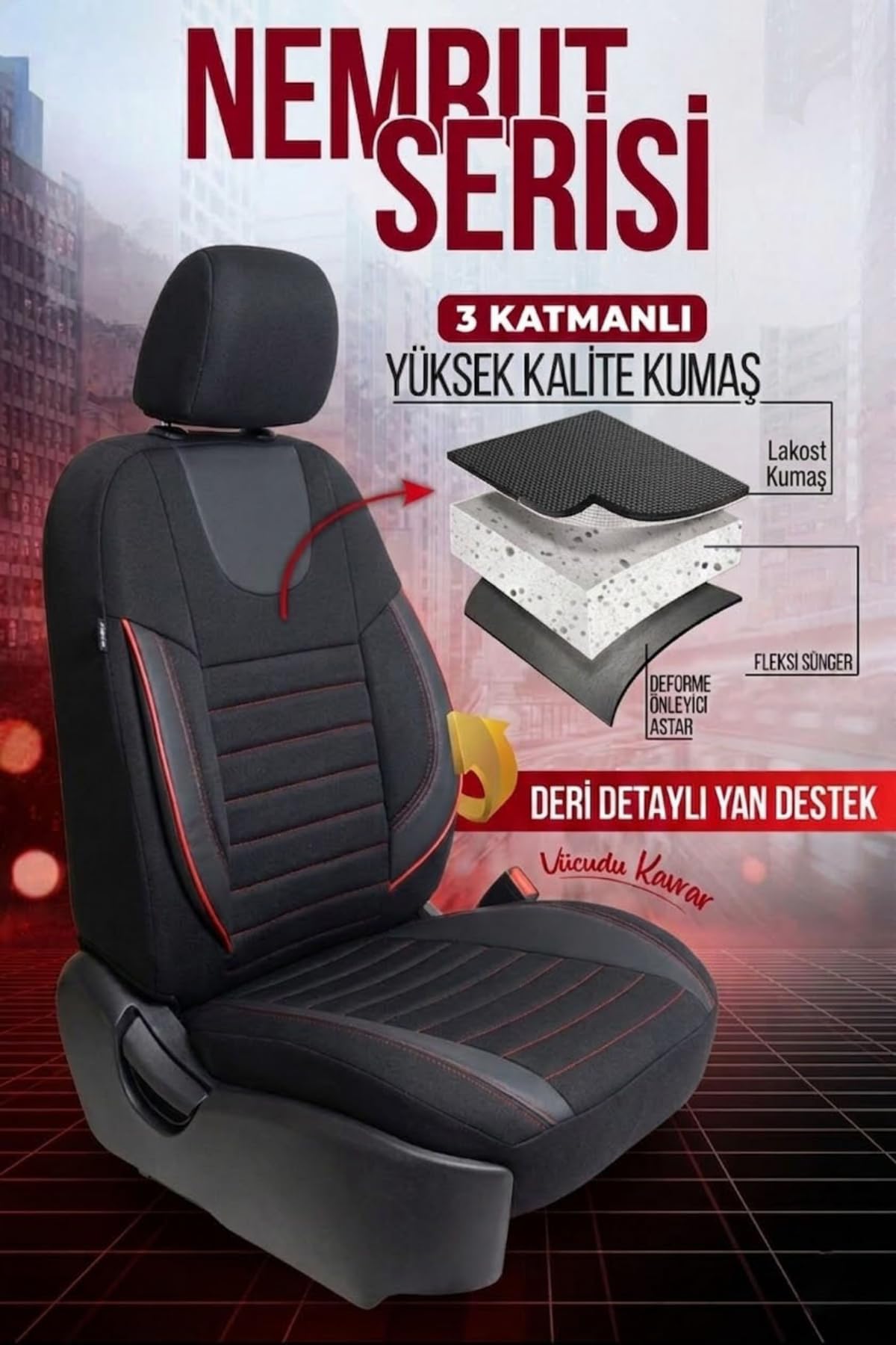 Nemrut Serisi Lakost Kumaş Universal Oto Koltuk Kılıfı Tam Set (Siyah Kırmızı)
