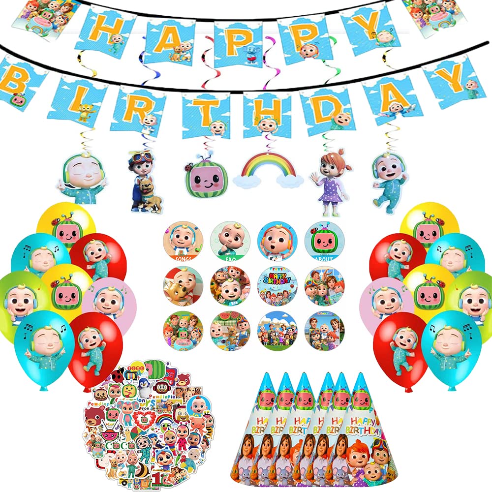 Kids Party Supplies Coco melon Birthday Set Include 6 party hat,15 balloons，9different patterns button pins, 50stickers,1Banner，5Hanging Swirls
