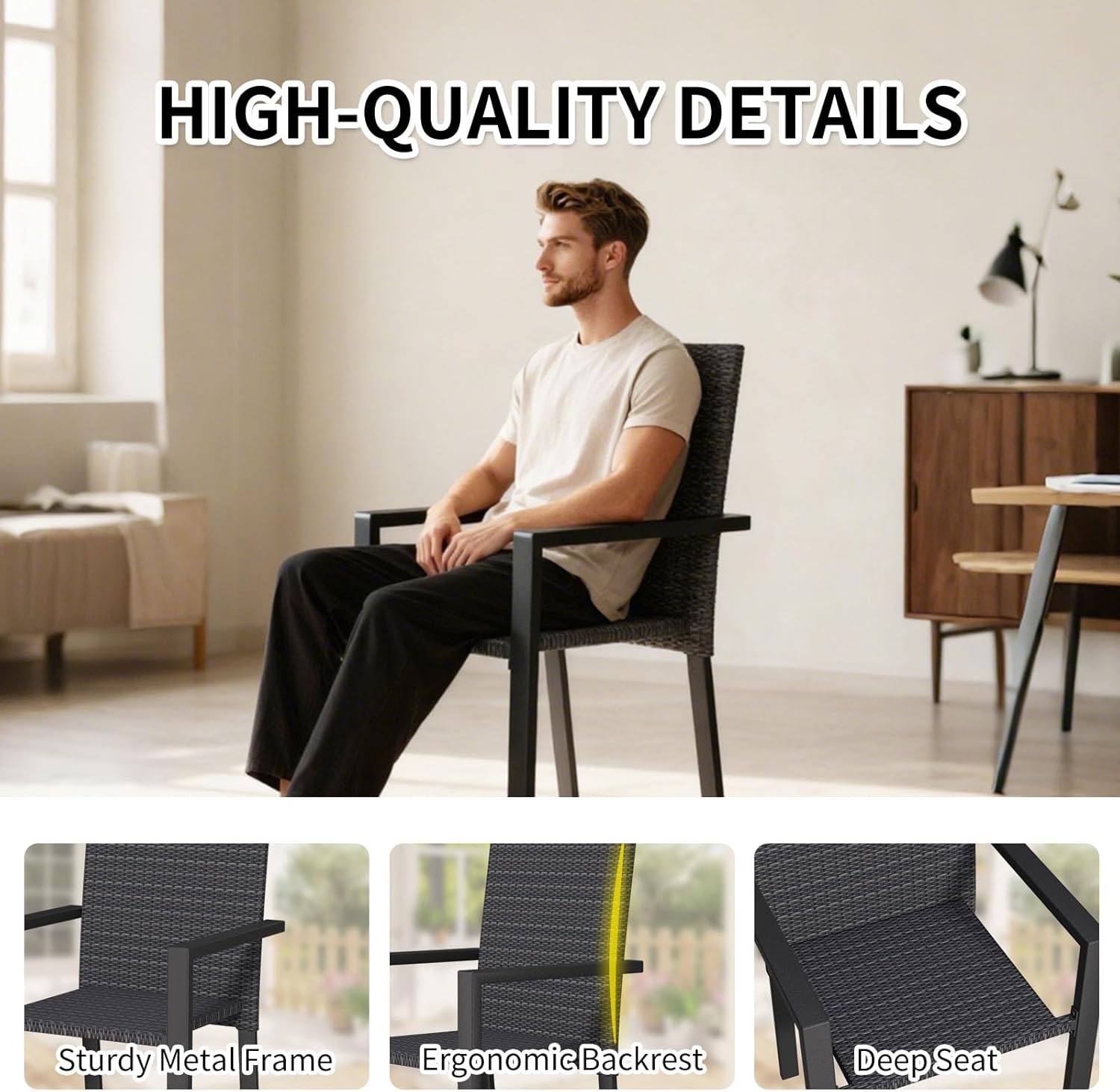 Stackable Patio Chairs Set of 4, Wicker Outdoor Dining Chair, All-Weather Rattan Patio Dining Sets with Deep Seat for Patio, Garden, Lawn, Firepit, Black