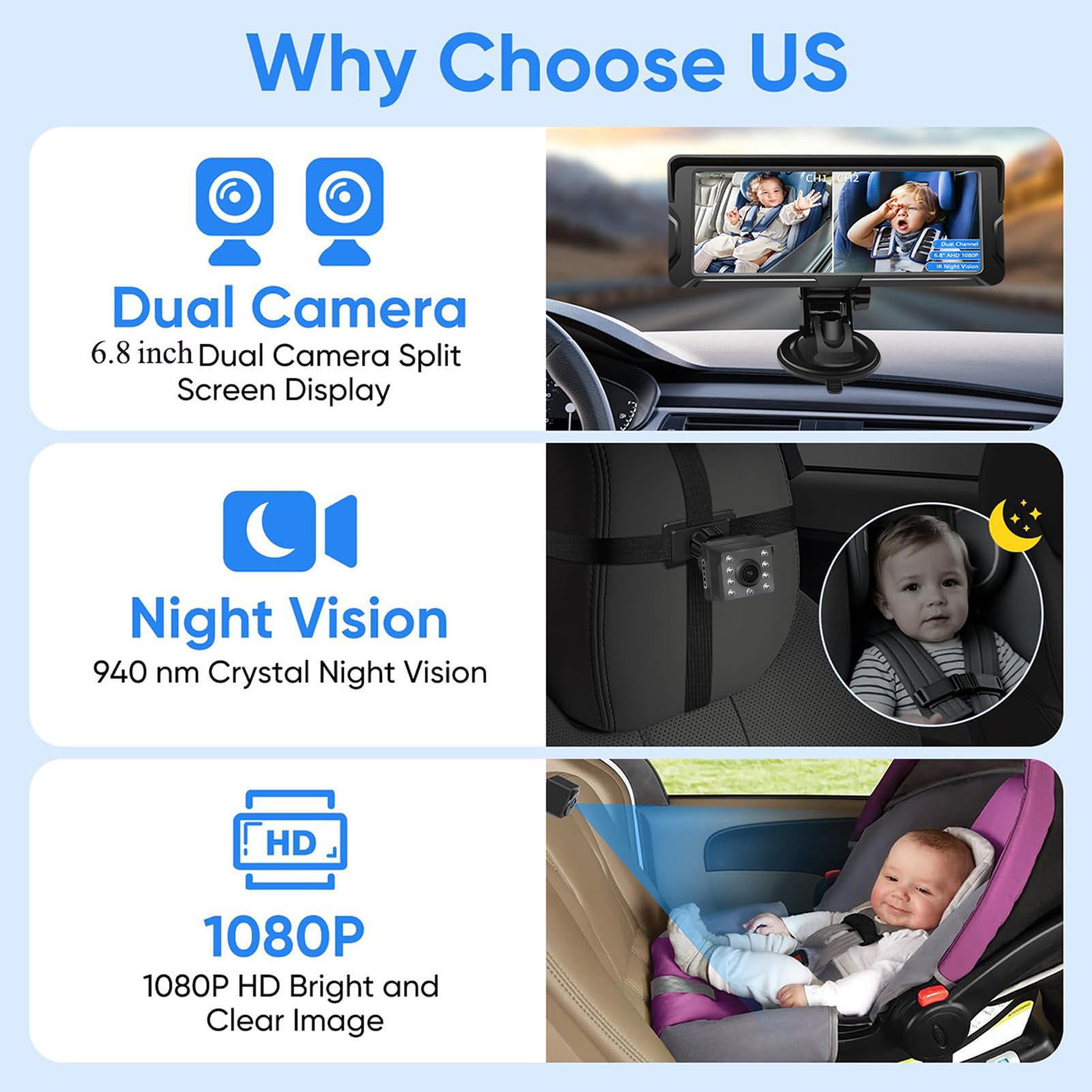 6,8 cala – kamera samochodowa dla niemowląt, chrupiąca rozdzielczość 1080p HD, widoczność w nocy na podczerwień, obracana o 360°, szeroki kąt widzenia 150°, łatwa instalacja, 2 monitoring