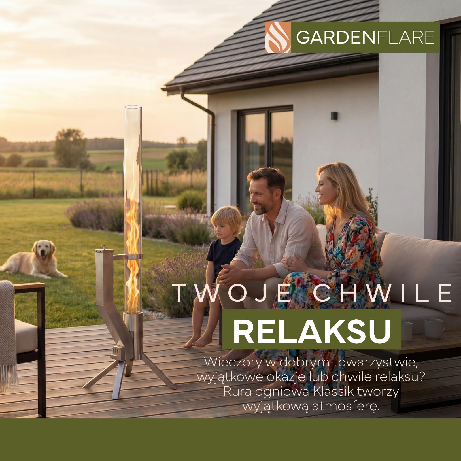 GARDENFLARE Elegancka kolumna ogniowa ze stali nierdzewnej, pelletowa pochodnia do ogrodu i na taras – Alternatywa dla kominka ogrodowego i ogrzewacza tarasowego (srebrny)