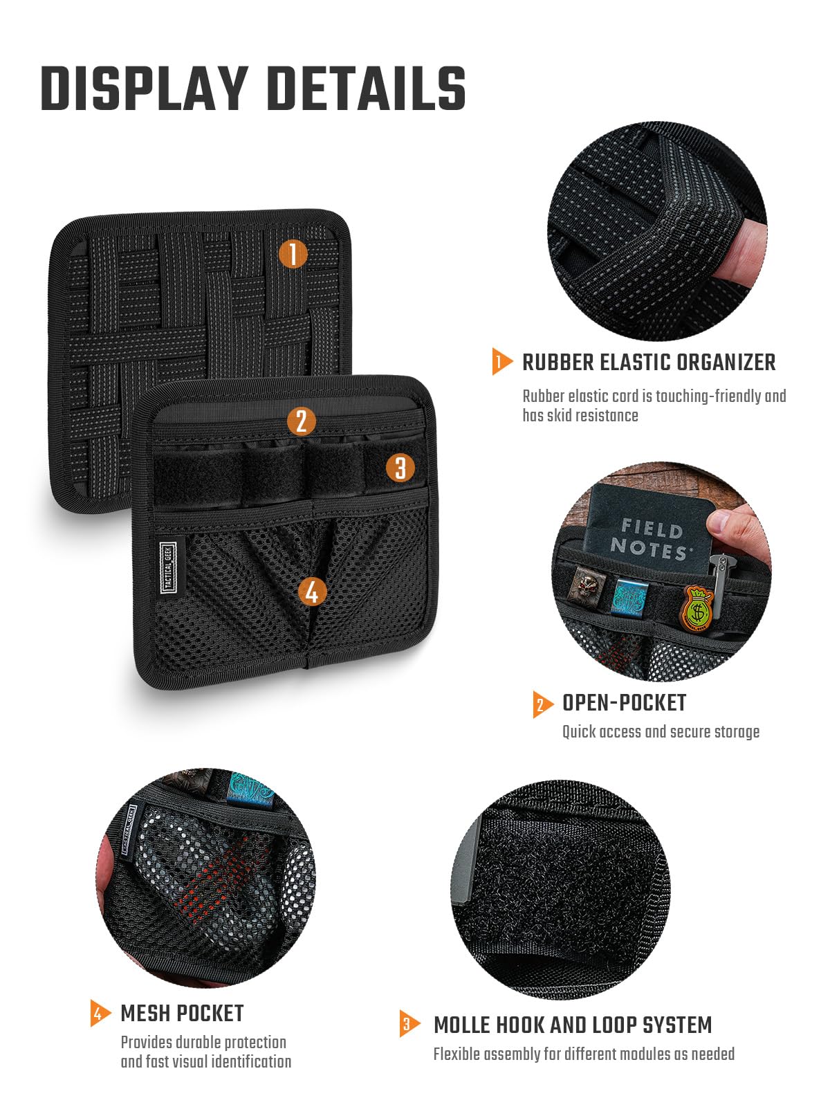 TACTICAL_GEEK TCM8 - Tablero organizador EDC, tablero tejido elástico antideslizante, panel de inserción de bolsa de utilidad para equipo pequeño, accesorios de mochila con bolsillo abierto y bolsillo