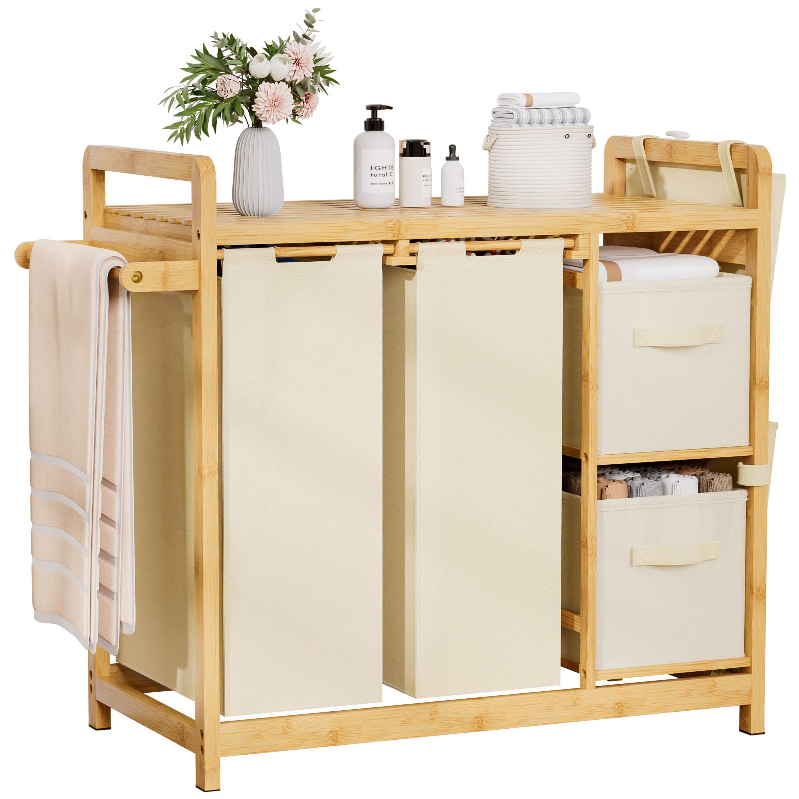 Yorbay Cesto portabiancheria a 3 scomparti, in bambù, 140 l, con ripiano, porta asciugamani e piccole tasche laterali, per bagno, camera da letto e lavanderia, 87 x 41 x 77 cm, beige