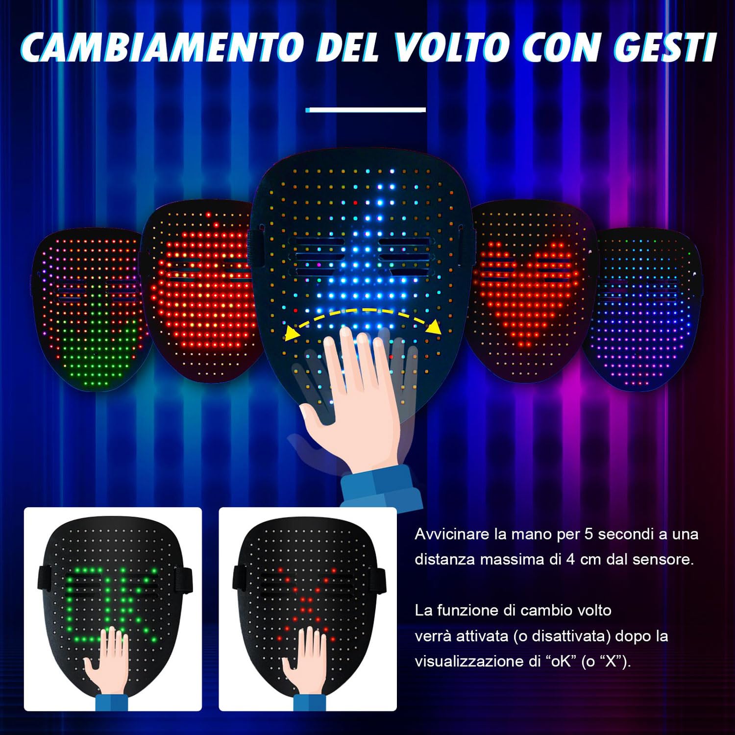 SPEWOM Maschera luminosa a LED con sensore di gesto, maschera luminosa digitale a LED per Halloween, feste in maschera, rave, dj