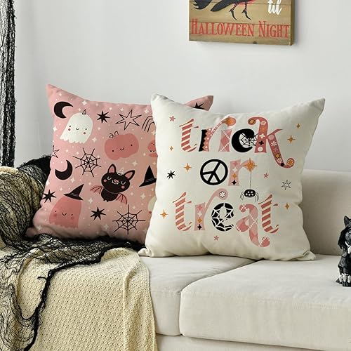 Miniatura 5 de AVOIN colorlife Happy Halloween Boo - Juego de 4 fundas de almohada rosadas, 16 x 16 pulgadas, diseño de fantasma, diseño de murciélago y flores de