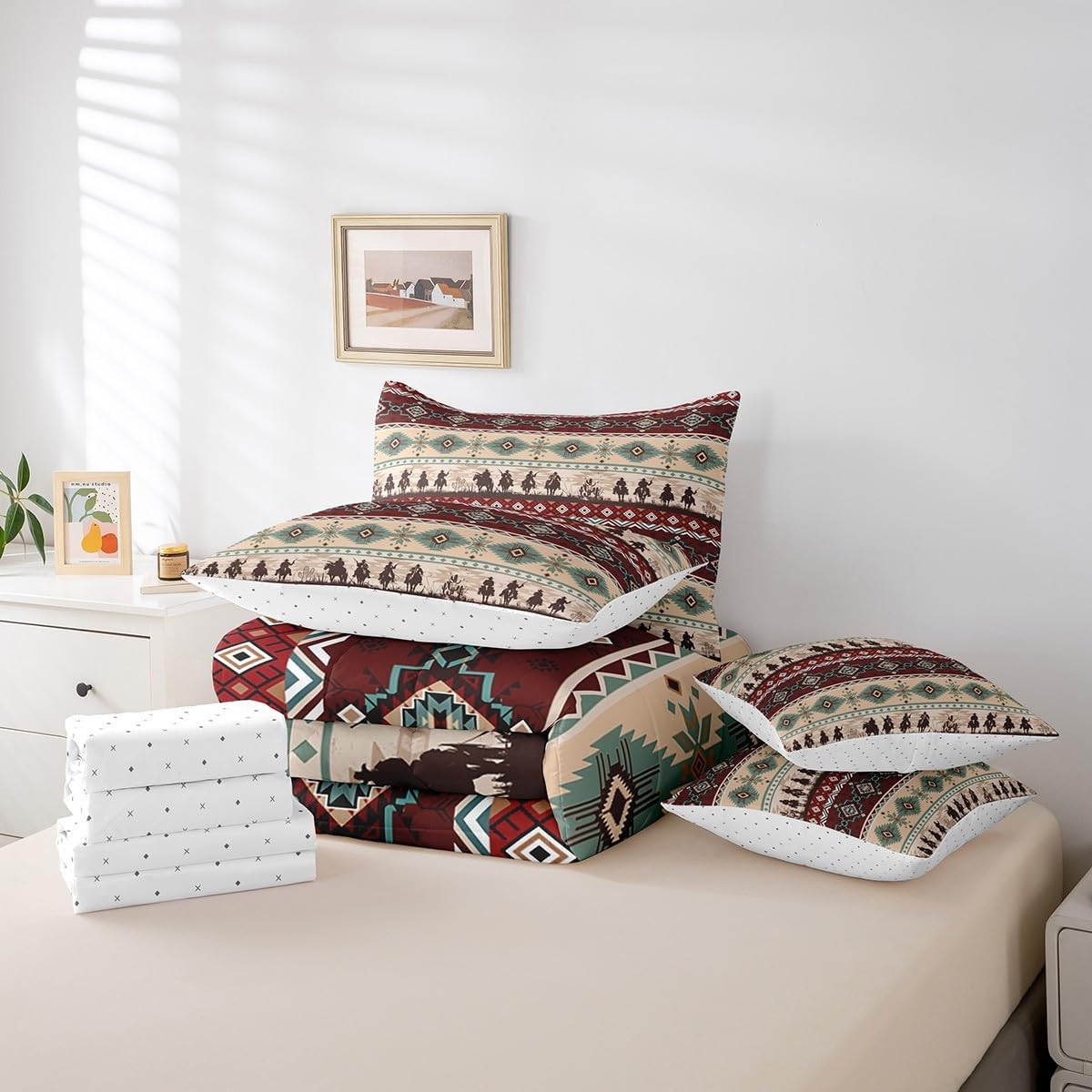 Feelyou Western Comforter Set Full Size 7 Pieces Comforters Brown Red Cowboy Bedding Set Boho Southwestern Cowboy Bed Set Bed in a Bag with Comforter, Sheets, Pillowcases & Cushion Covers