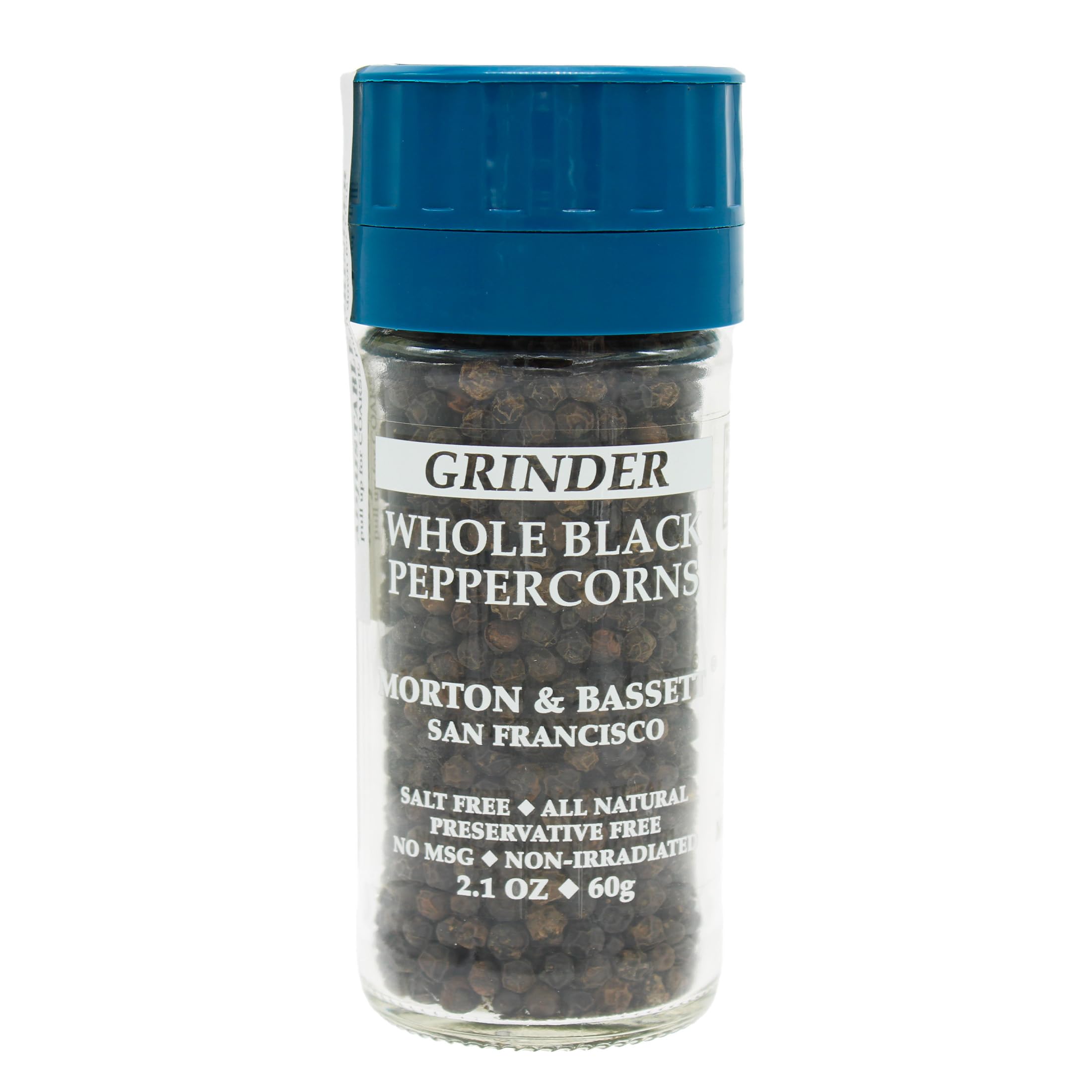 Morton & Bassett Grinder Whole Black Peppercorns | Freshly Ground Bold Pepper Flavor | Gluten Free, Salt Free, Non-GMO | 2.1 oz Jar