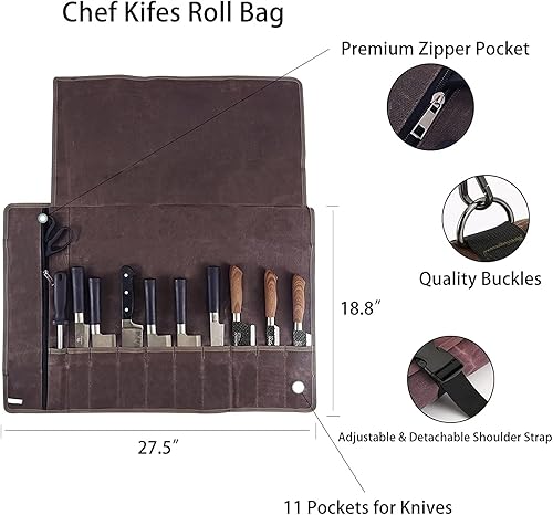 Miniatura 9 de HERSENT Bolsa de rollo para cuchillos de chef, portador de cuchillos de lona encerada, fundas portátiles para cuchillos de chef, soportes para