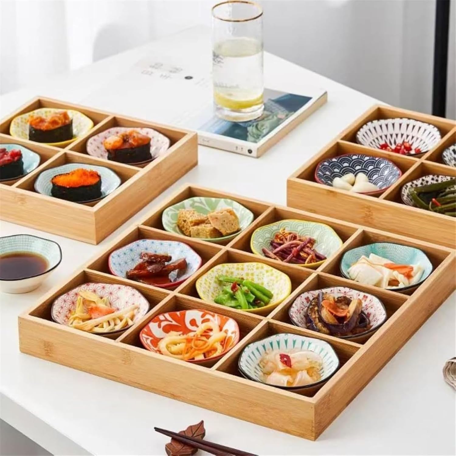 セラミックディッピングボウルトレイ和食器 薬味皿 小鉢 小さめ 仕切りトレー 蓋付き 竹製 トレイ トレー 深型 仕切り付き セラミ