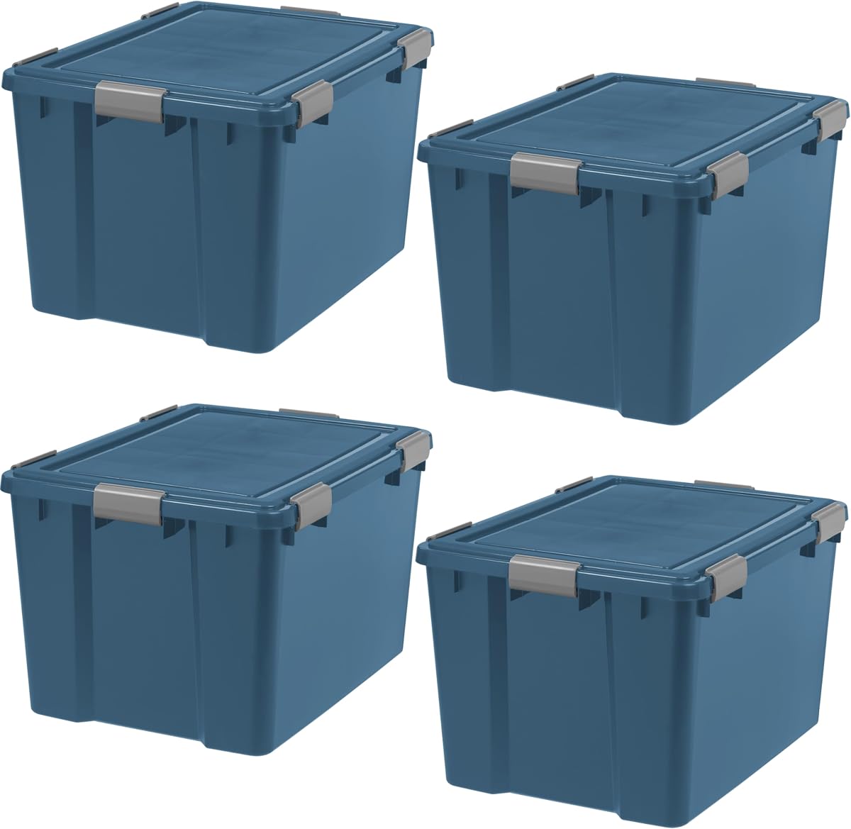IRIS USA 4-Pack 74 Qt Storage Bins with Gasket Lids, Navy | WeatherPro seal helps protect bulky items for moving, garage, attic and basement storage