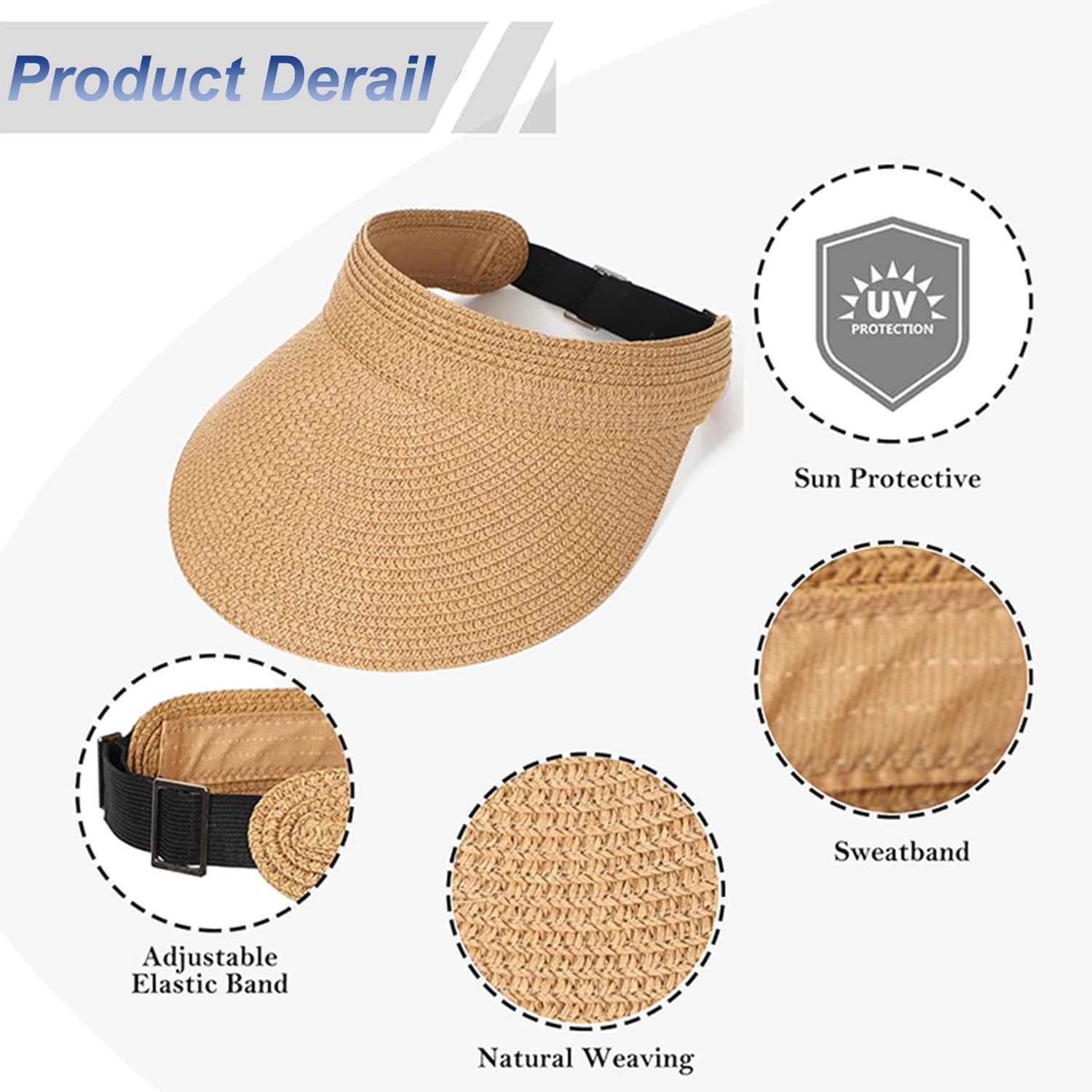 3 Pack Straw Sun Visor Hat for Womens Summer UV Protection Wide Brim Ponytail Straw Beach Cap Women's Style Golf Cap Sun Visors Black - Image 2