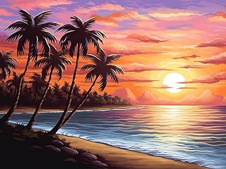 PUAGEMTI 5D Beach Sunset Diamond Painting Kits, Sunset at Beach with Palm Trees Art for Adults, Full Drill Round Gem Art Home Wall Decor Gifts 12x16 inch