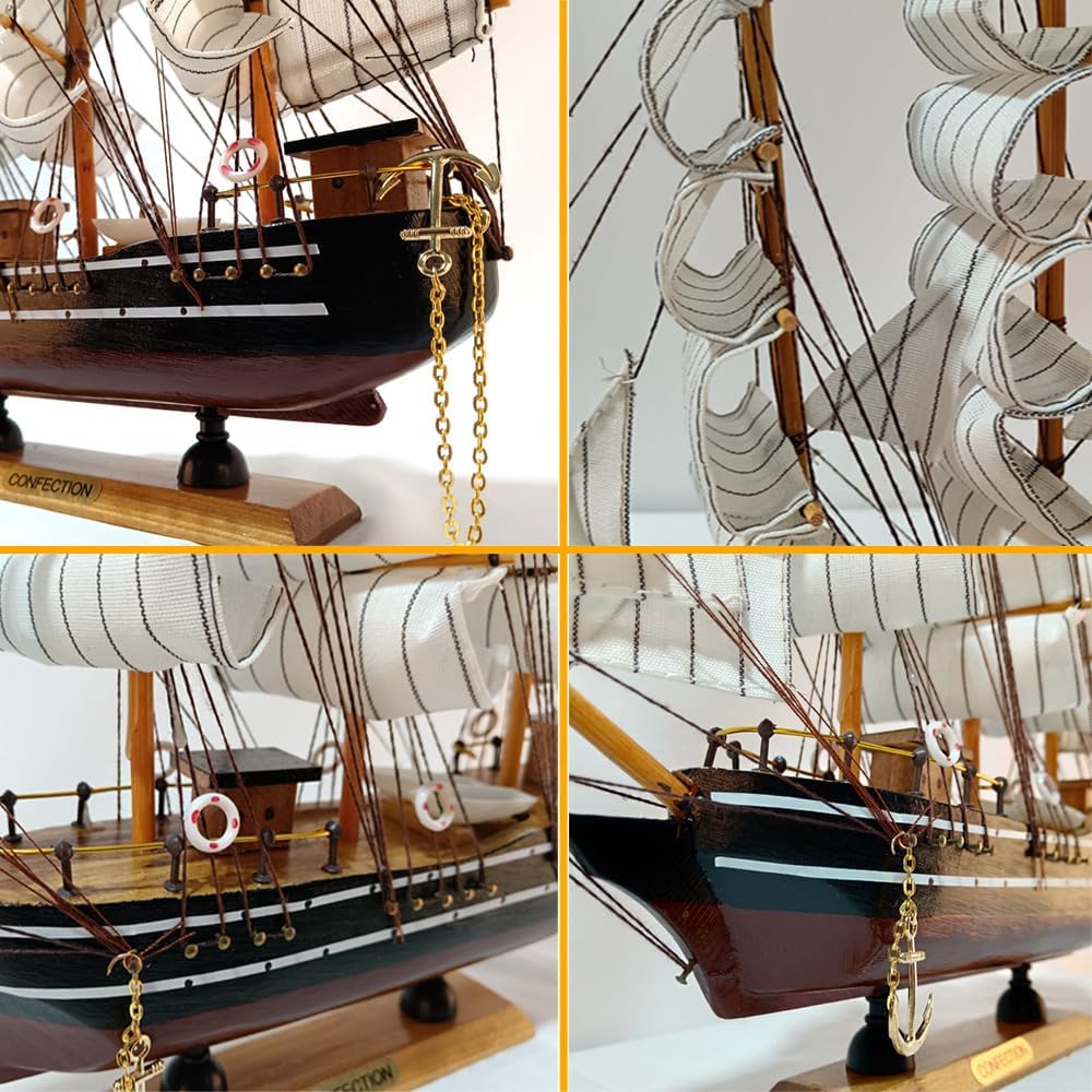 Model shipHandmade Sailboat, Ocean Themed Sailboat Model, Mediterranean Sailboat, Wooden Sailboat Suitable for Home and Office desks (White sail, Brown Hull)