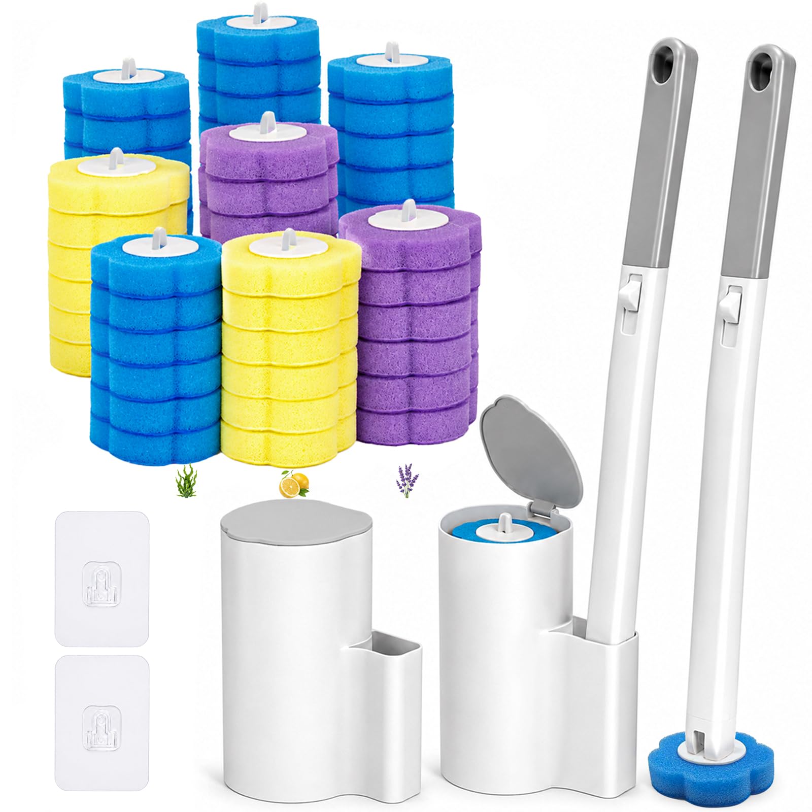 Toilet Brushes & Holders Set, 48pcs Disposable Toilet Brush Refills with 2 Holders 2 Toilets Wand, Wall Mounted Loo Brush Replacement with Disposable Head for Bowl Inside Bathroom Toilets Cleaners