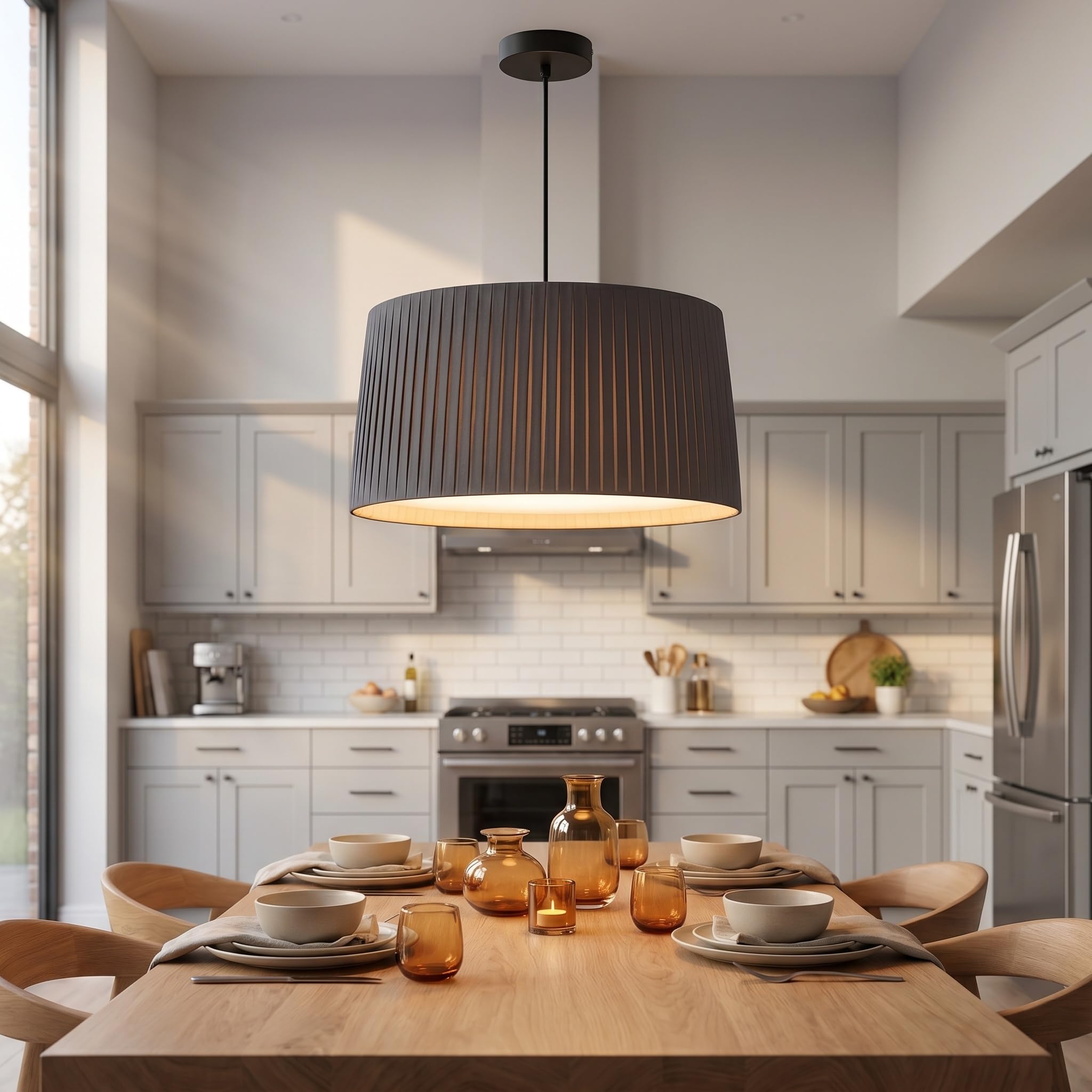 BARCELONA LED Pendelleuchte PLIÉ E27 Stoffschirm Grau | Plissierter Stoffschirm, Ø70cm, Höhenverstellbares Kabel, Max.40W, IP20, Innenbereich, Wohn- & Esszimmer