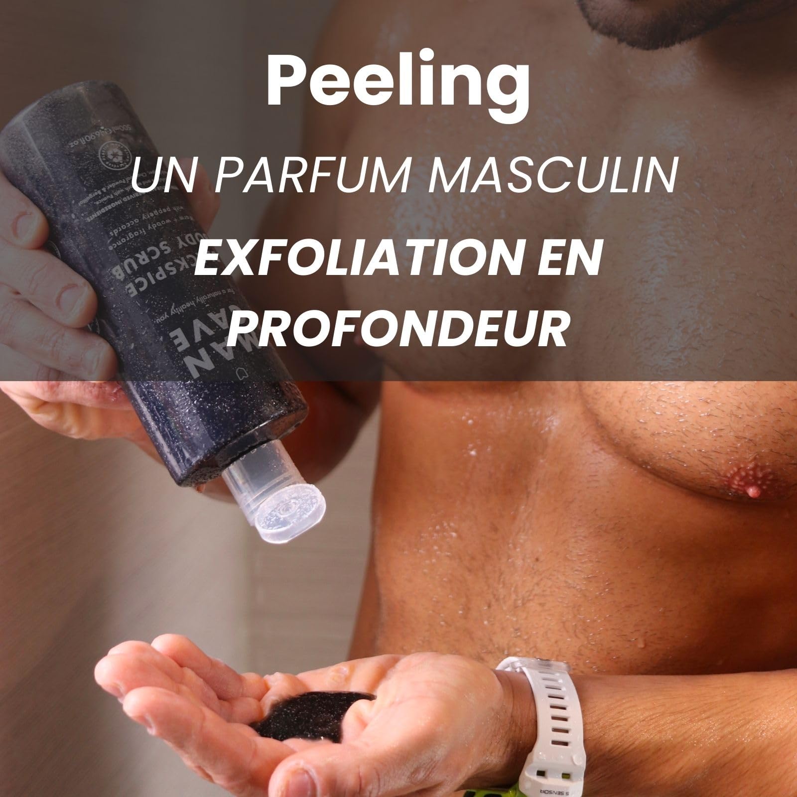 ManCave Blackspice Gommage corporel 500 ml pour homme, arôme chaud et boisé, exfolie et nettoie la peau avec poudre de pierre ponce et charbon de bois, formule naturelle, adapté aux végétaliens,