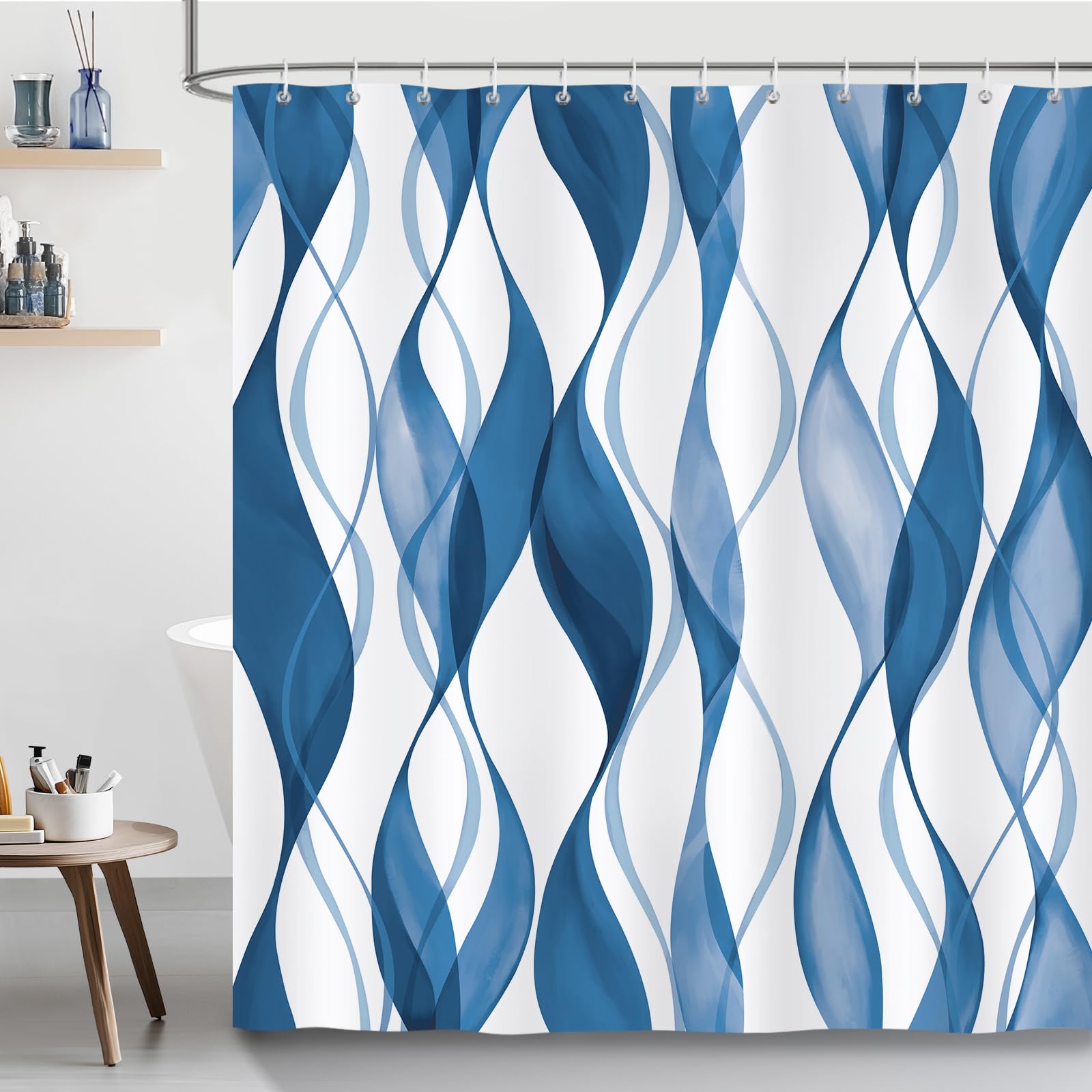 Bonhause Navy Blue Striped Shower Curtain, Modern Minimalist Bathroom Curtain 180 x 180 cm Waterproof Mildew and Mould Resistant Polyester Fabric Bath Curtain with 12 Hooks