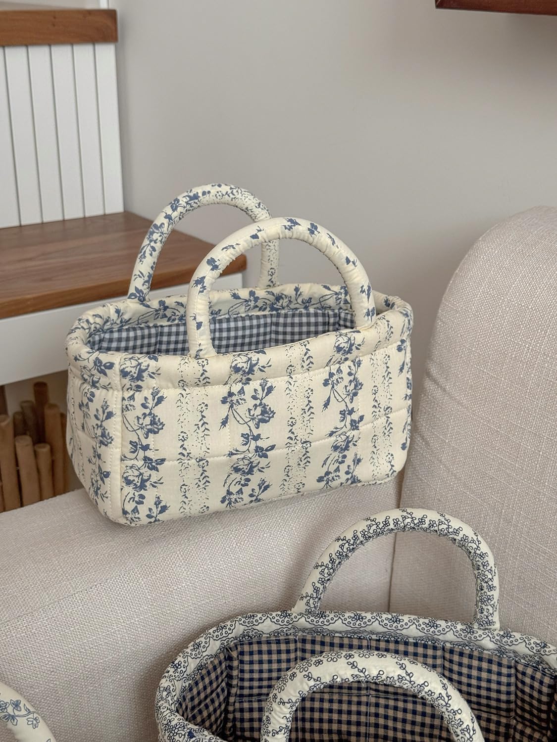 Mini Quilted Makeup Storage Basket Boho Vine Floral Car Organizer Cute Small Decor Baskets