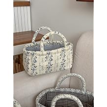 Small Storage Basket Organizer, Mini Fabric Floral Storage Baskets with Handle, Quilted Portable Collapsible Storage Vine-Blue C