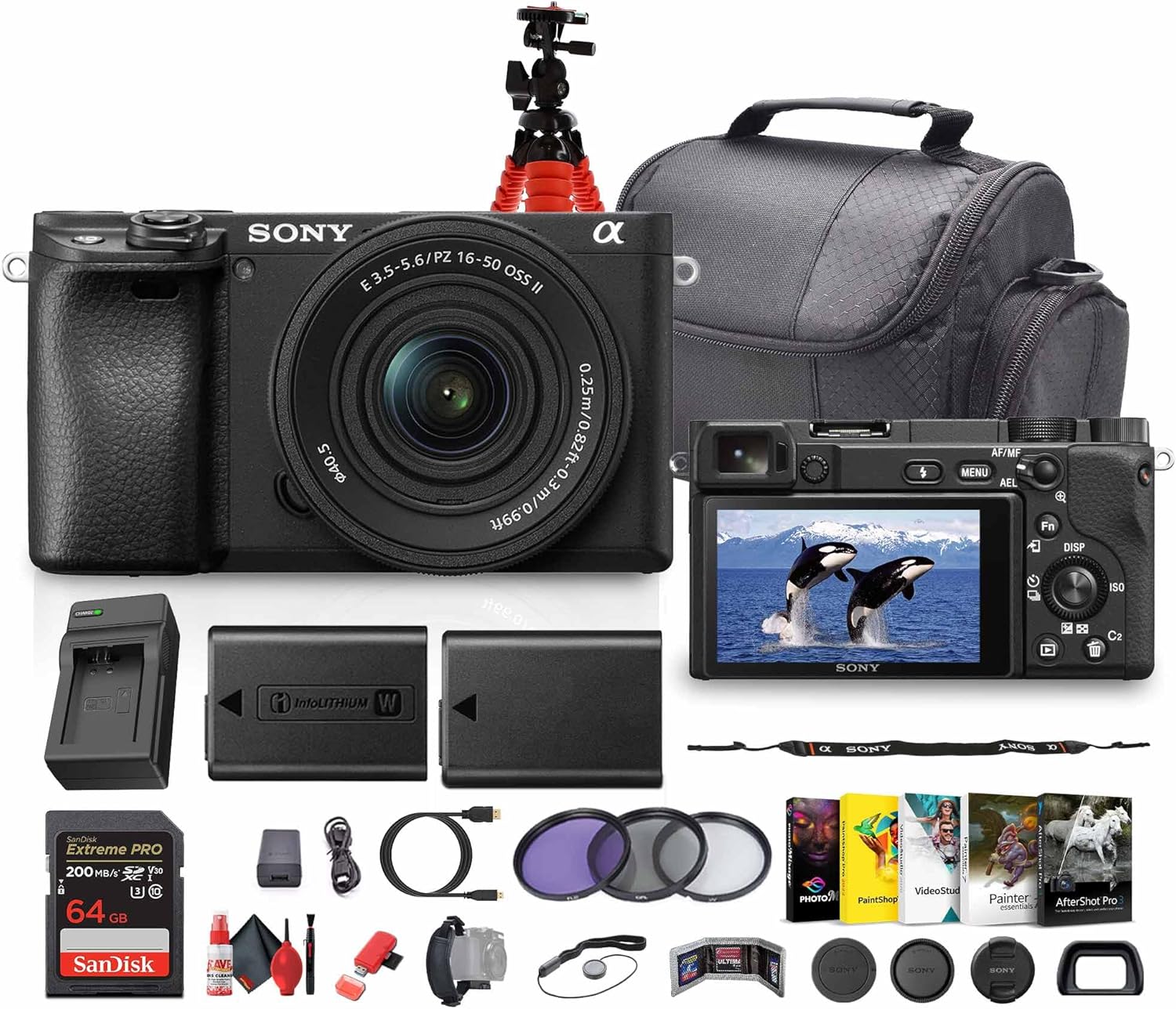 Sony a6400 Mirrorless Camera with 16-50mm f/3.5-5.6 II Lens (Black) (ILCE6400KB) + Photography Software + 64GB Memory Card + NP-FW50 Battery + Camera Bag + Charger + Lens Filter Kit + More