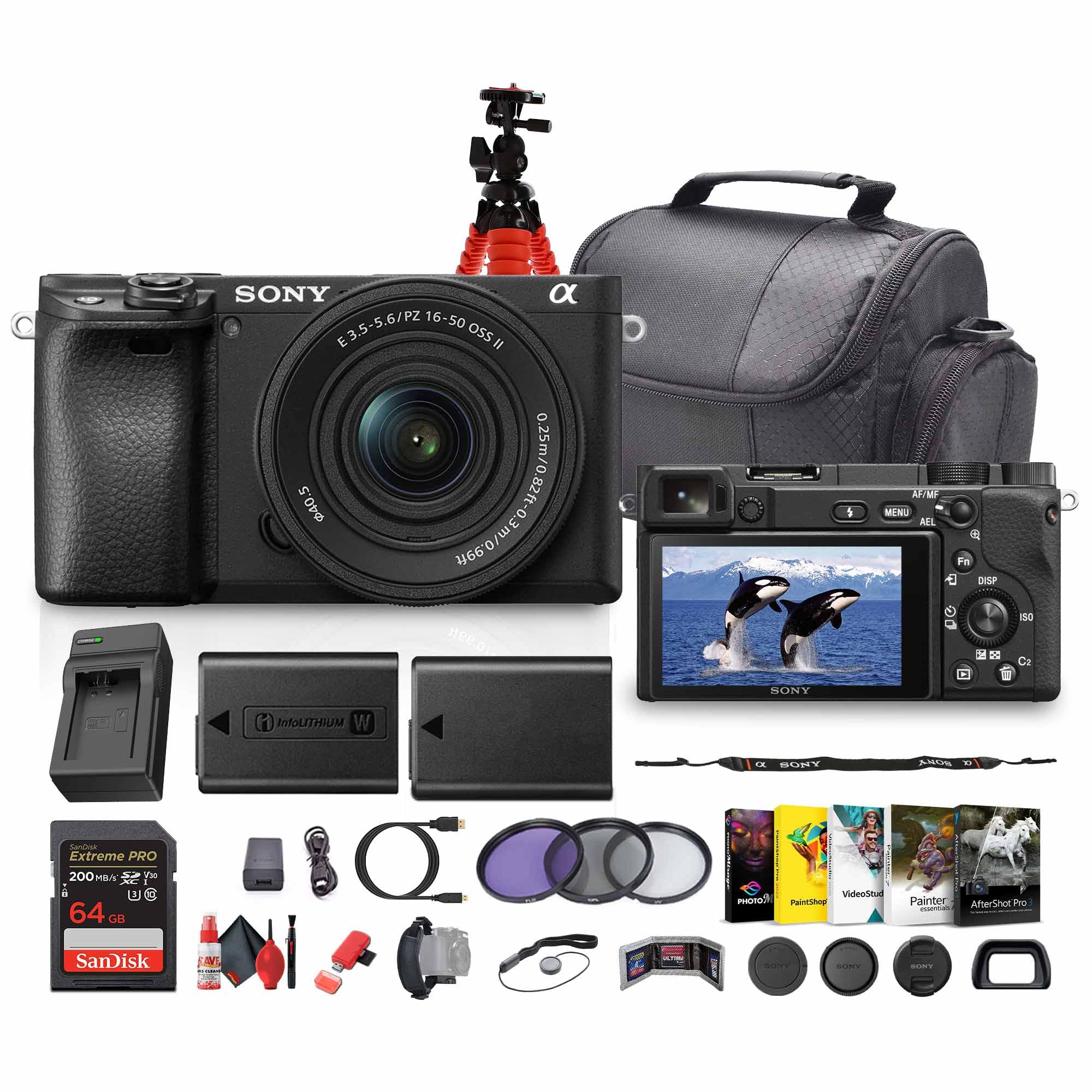 Sony a6400 Mirrorless Camera with 16-50mm f/3.5-5.6 II Lens (Black) (ILCE6400KB) + Photography Software + 64GB Memory Card + NP-FW50 Battery + Camera