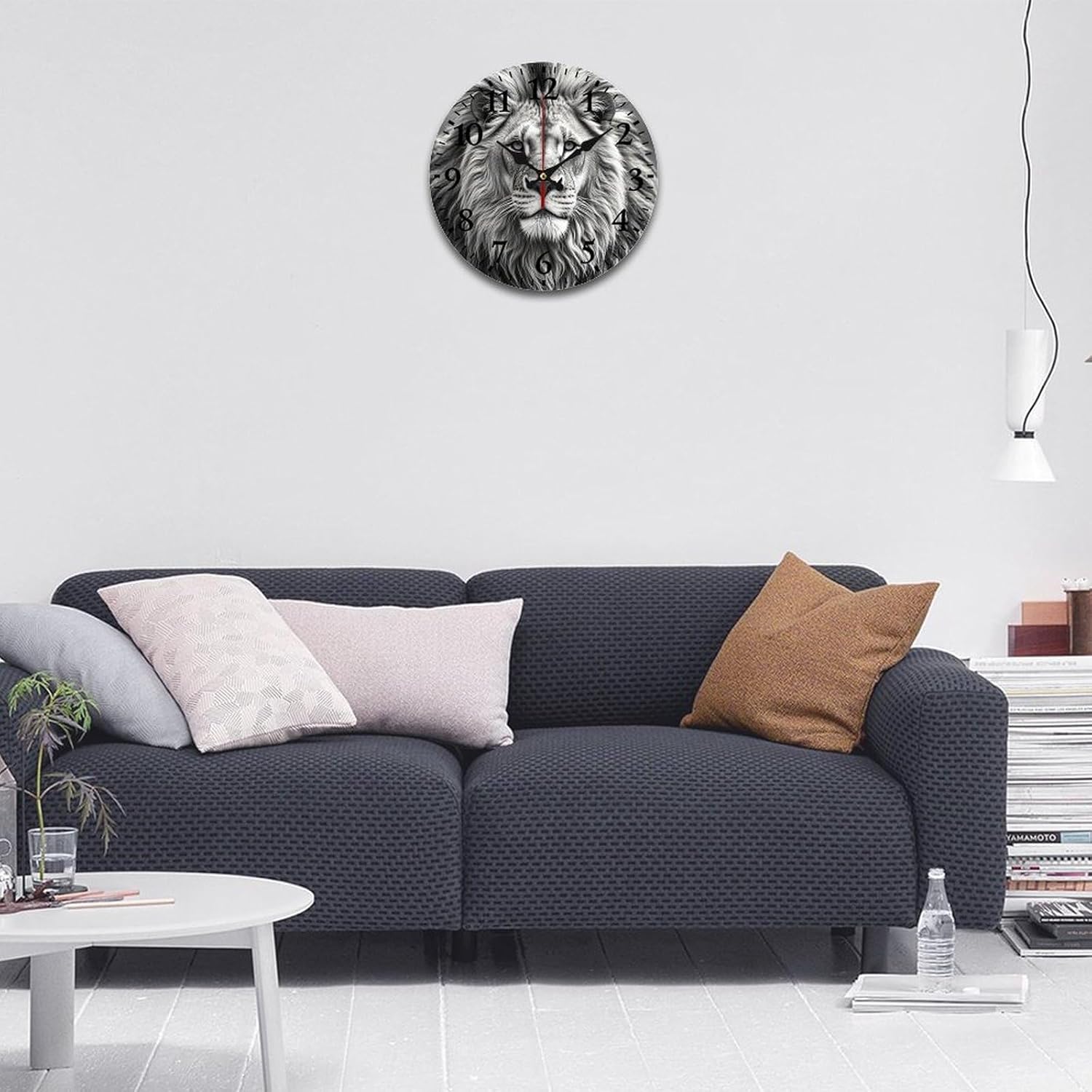 Wall Clock 34cm/13.39in Non-Ticking Silent Modern Simple Style Round Decor Clocks Black And White Lion Head Clock Decorative Battery Operated Wall Clocks for Office Living Room Bedroom Home Decor