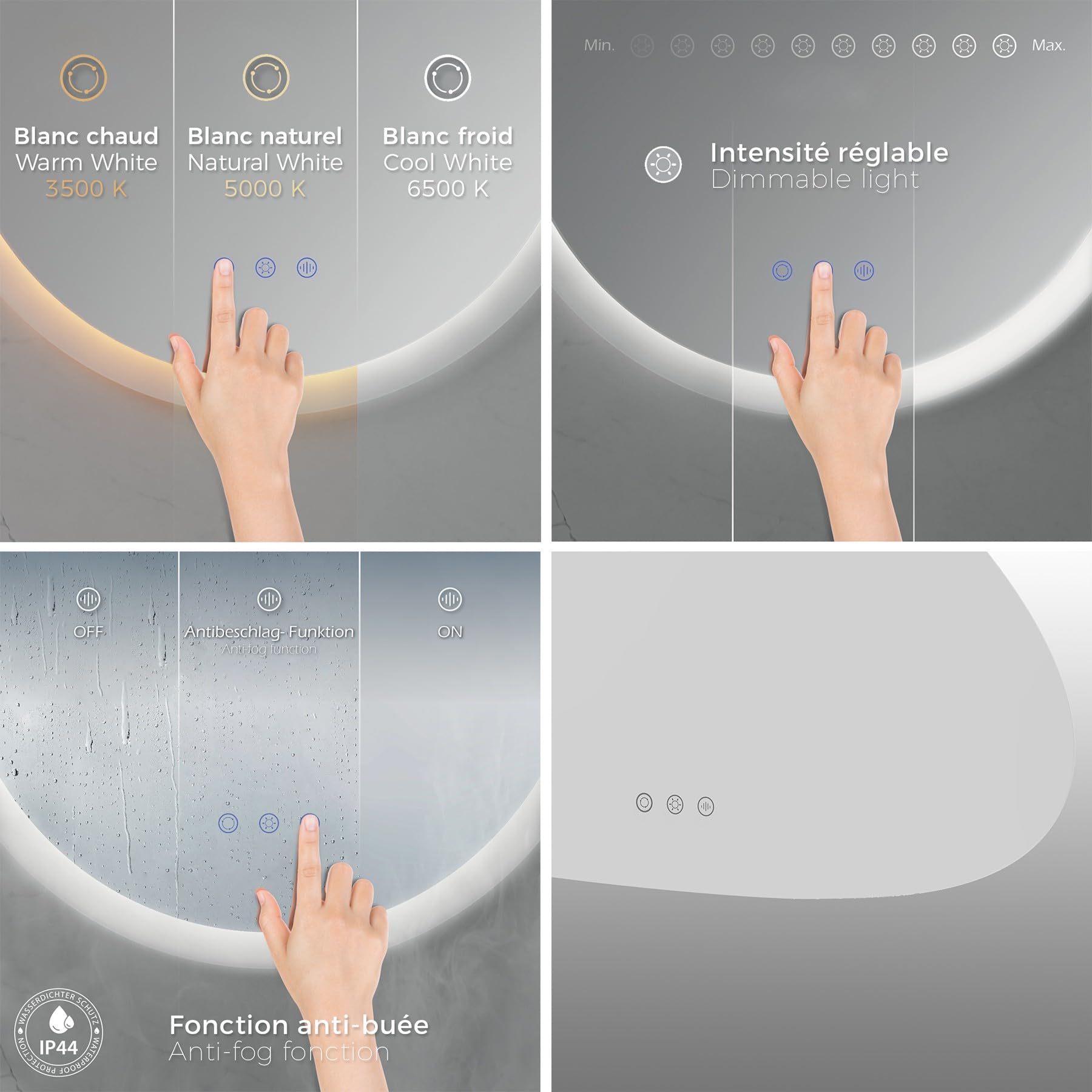 SANIVERRE GALEO Miroir Organique LED Lumineux 60 x 80 cm Tactile Anti-buée + intensité & Couleurs réglables + mémoire - réversible asymétrique