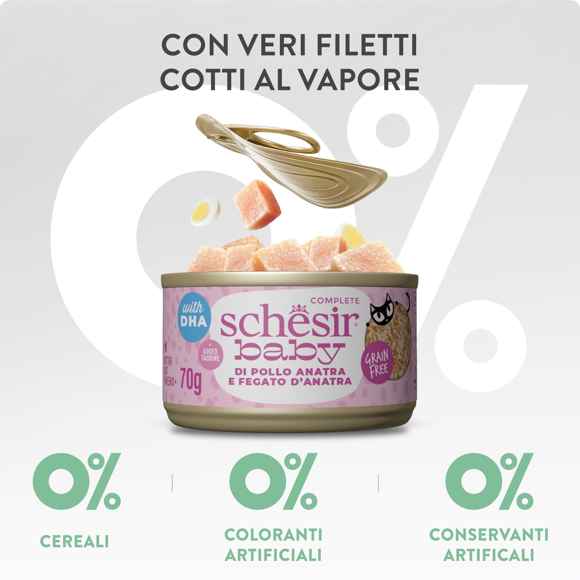 Schesir Baby, Filetes de Pollo con Hígado en Caldo, Alimento Húmedo Completo para Gatitos, Sin Cereales, con DHA y Taurina, Rico en Hidratación, 12 x 70g