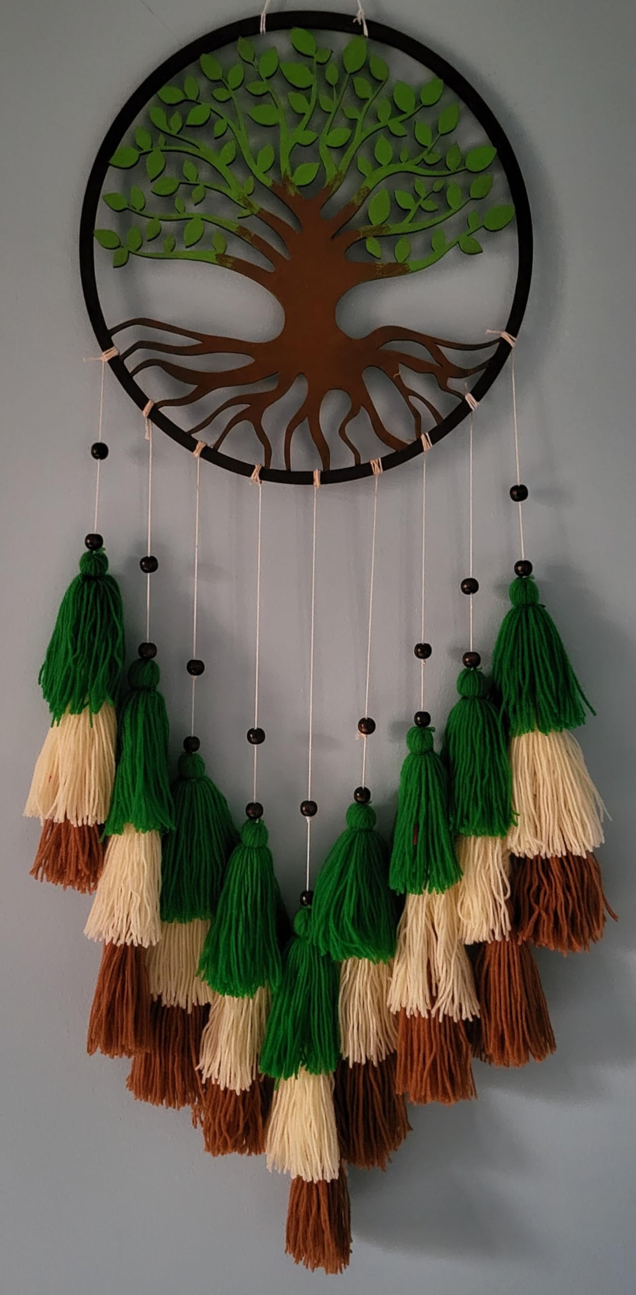 Samanth Creations Wall Hanging Dream Catcher for Home | Modern Home Decoration Gift for Wall, Handcrafted Green Tree Design with Dark Green, Cream and Lite Brown Yarn Tassels with White Pearl Beads-image-42