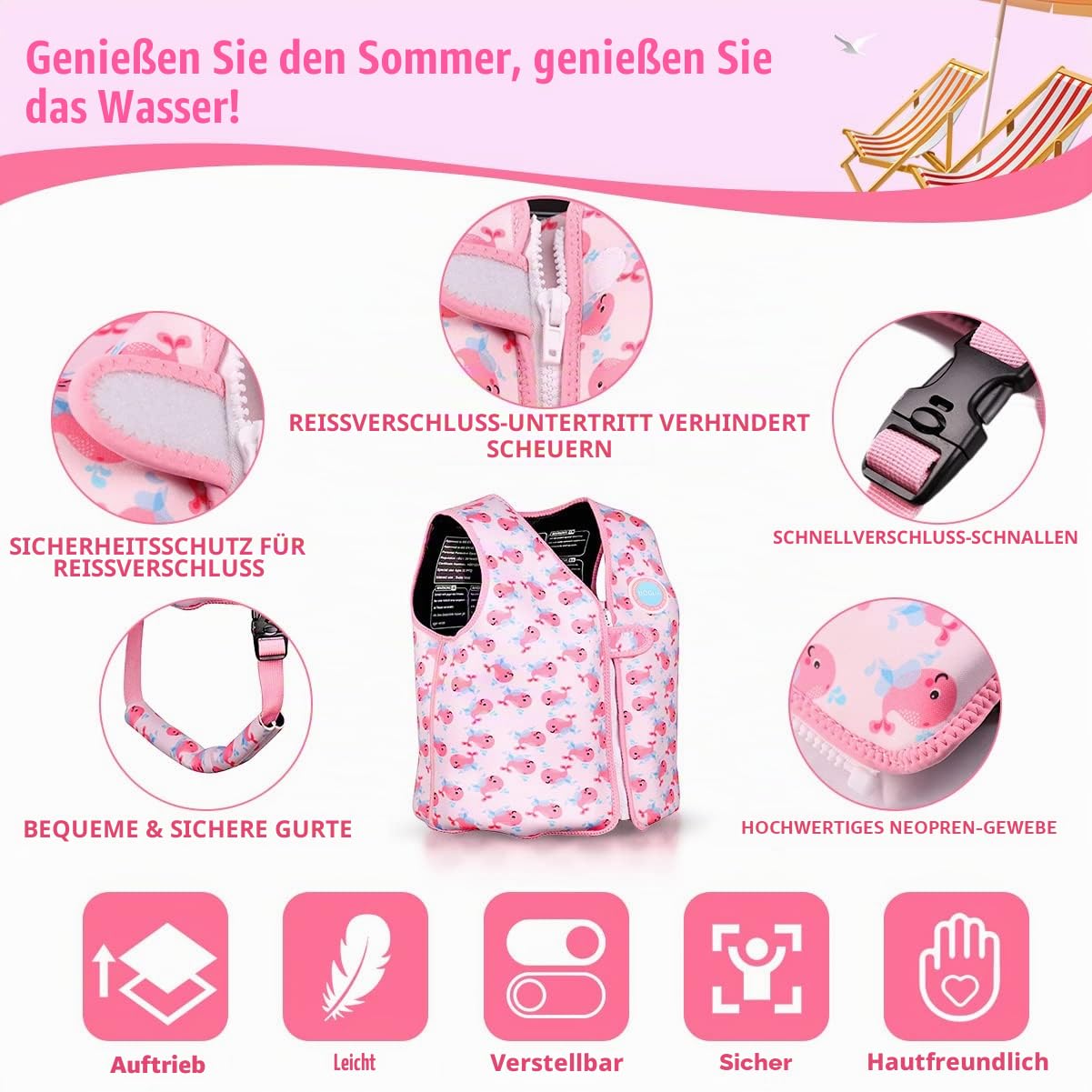 Boglia Kinder-Schwimmweste, Schwimmhilfe für Kleinkinder zum Schwimmenlernen, ultraweiche Neoprenjacke mit verstellbarem Schrittgurt für Schwimmen, Pools und Strand