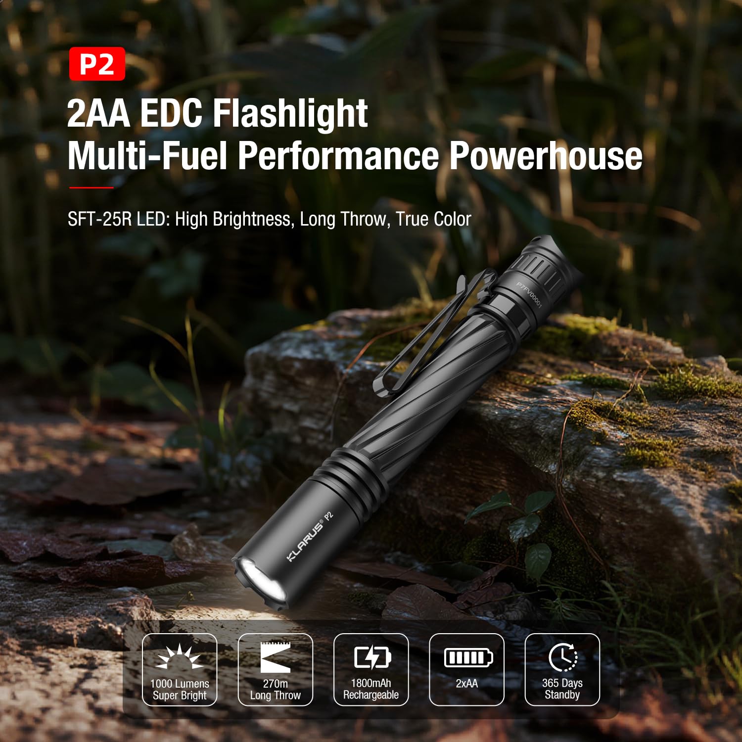 KLARUS P2 Lampe stylo 1 000 lumens, portée de 270 mètres – 2 piles AA ou USB-C rechargeables (piles incluses), étanche IPX8, lampe torche EDC compacte pour la poche